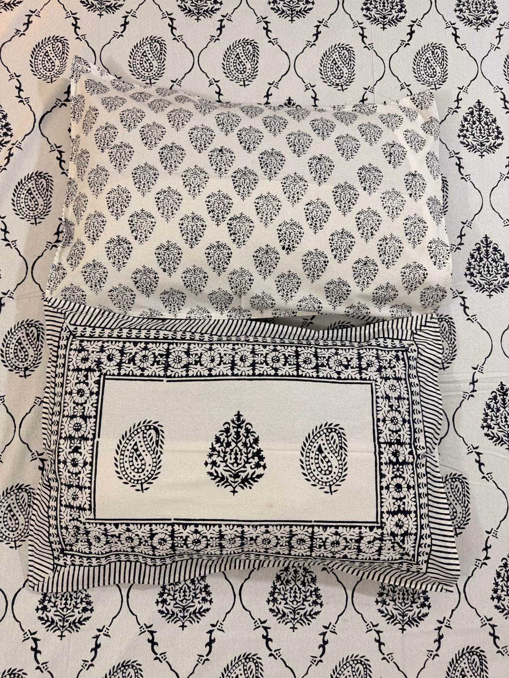 Hand block print on premium south cotton fabric bedsheet (Dark Blue Ambi on White base)