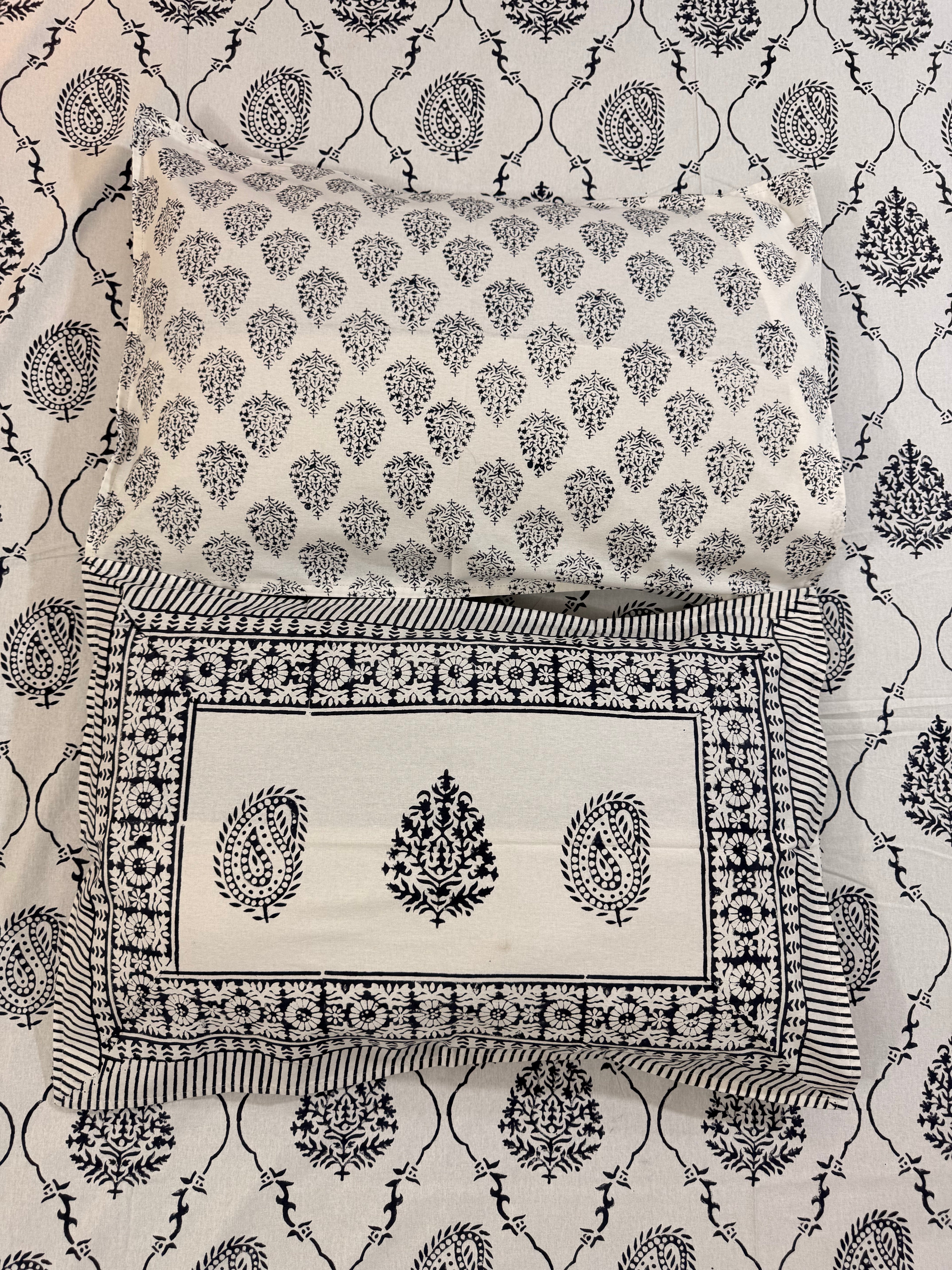Hand block print on premium south cotton fabric bedsheet (Dark Blue Ambi on White base)
