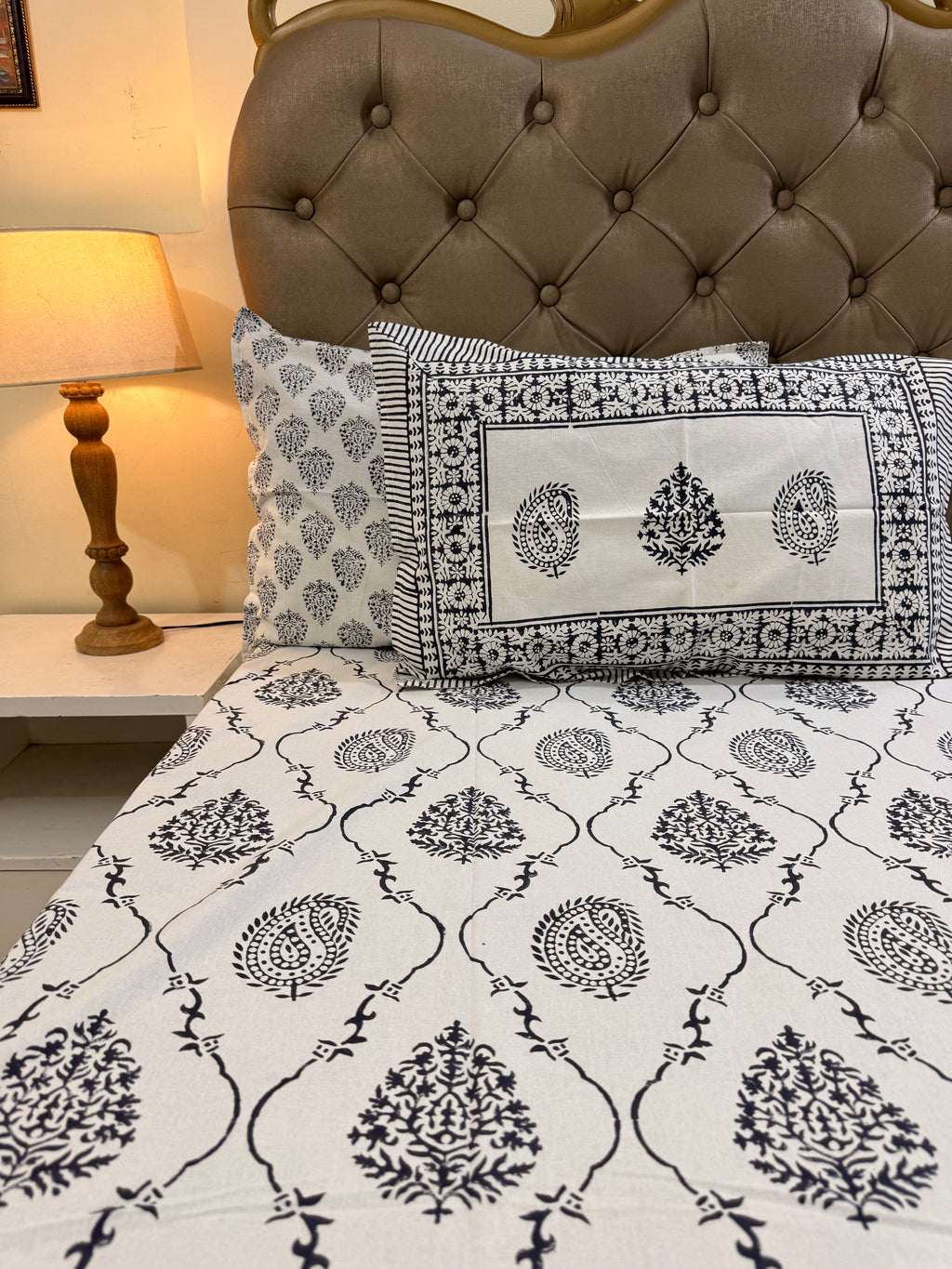 Hand block print on premium south cotton fabric bedsheet (Dark Blue Ambi on White base)