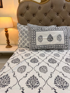 Hand block print on premium south cotton fabric bedsheet (Dark Blue Ambi on White base)