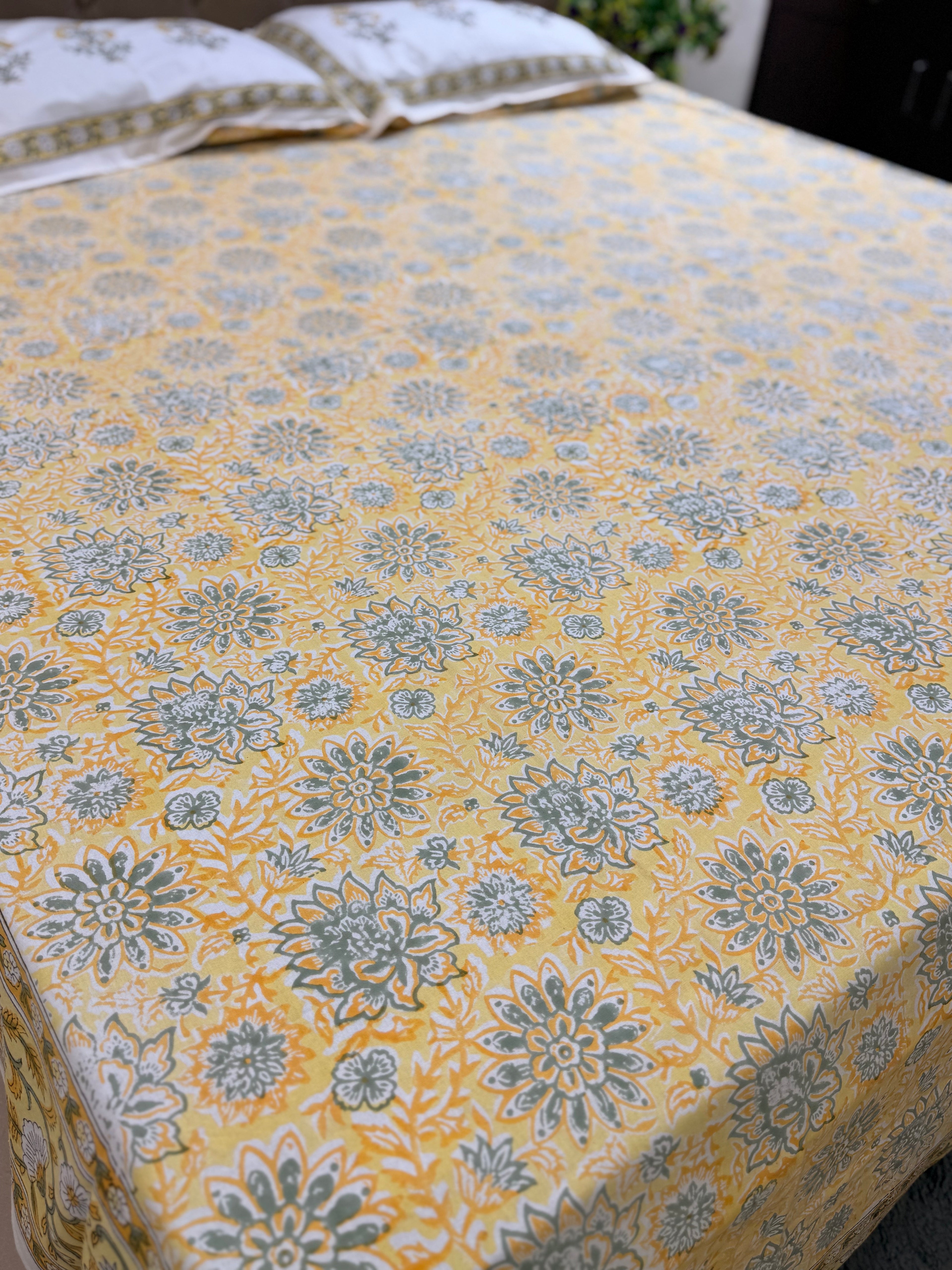 Hand block print on premium south cotton fabric (Yellow marigold print)