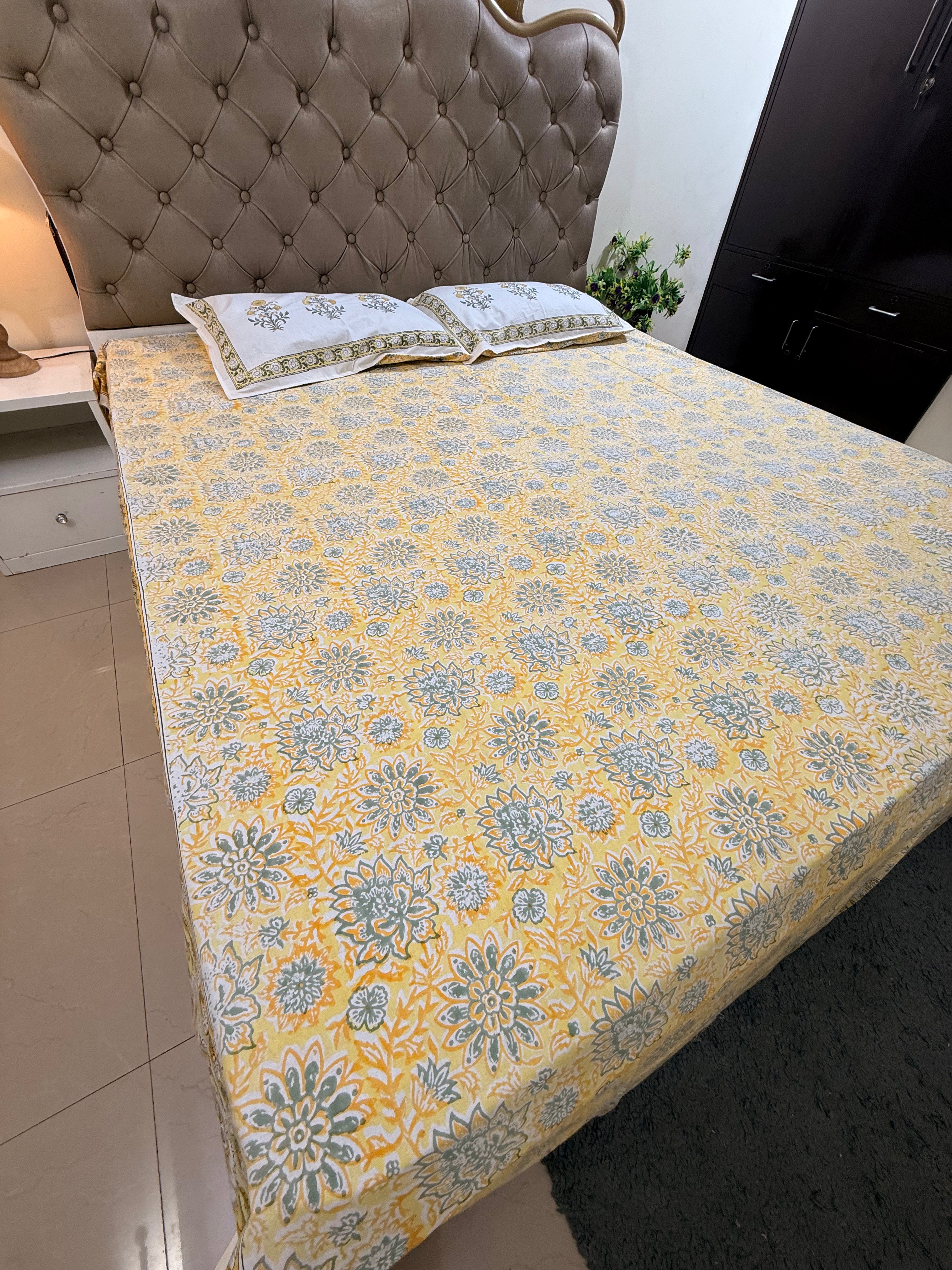Hand block print on premium south cotton fabric (Yellow marigold print)
