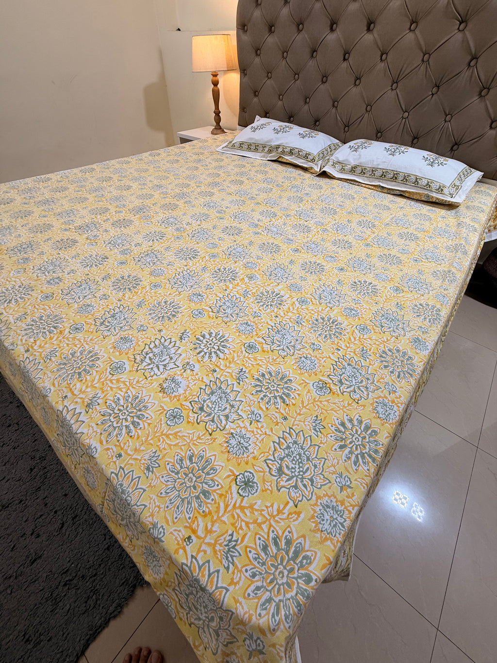 Hand block print on premium south cotton fabric (Yellow marigold print)