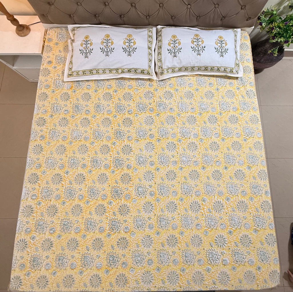 Hand block print on premium south cotton fabric (Yellow marigold print)