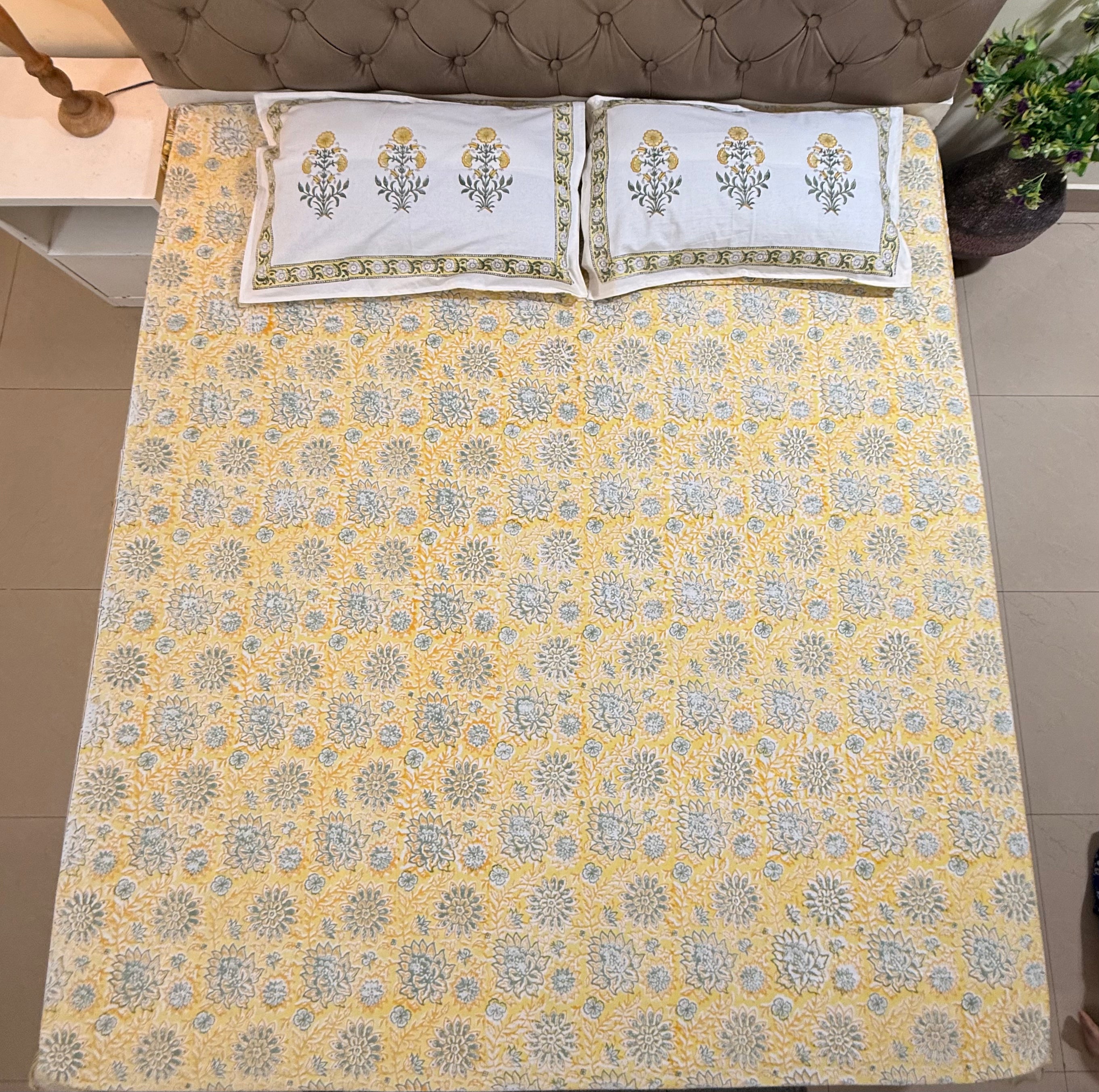 Hand block print on premium south cotton fabric (Yellow marigold print)