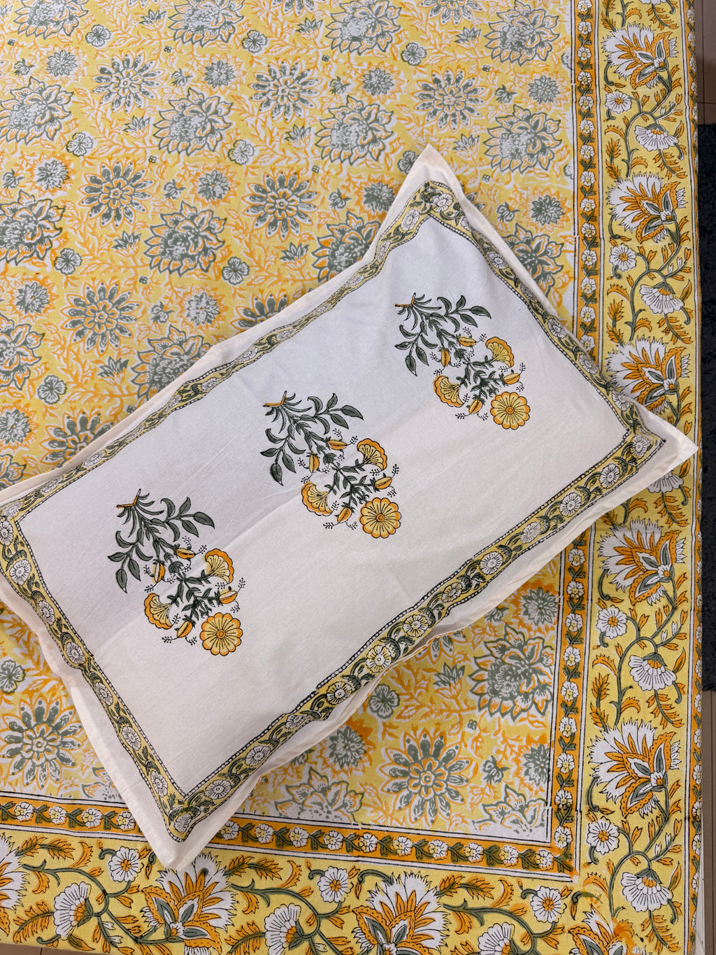 Hand block print on premium south cotton fabric (Yellow marigold print)