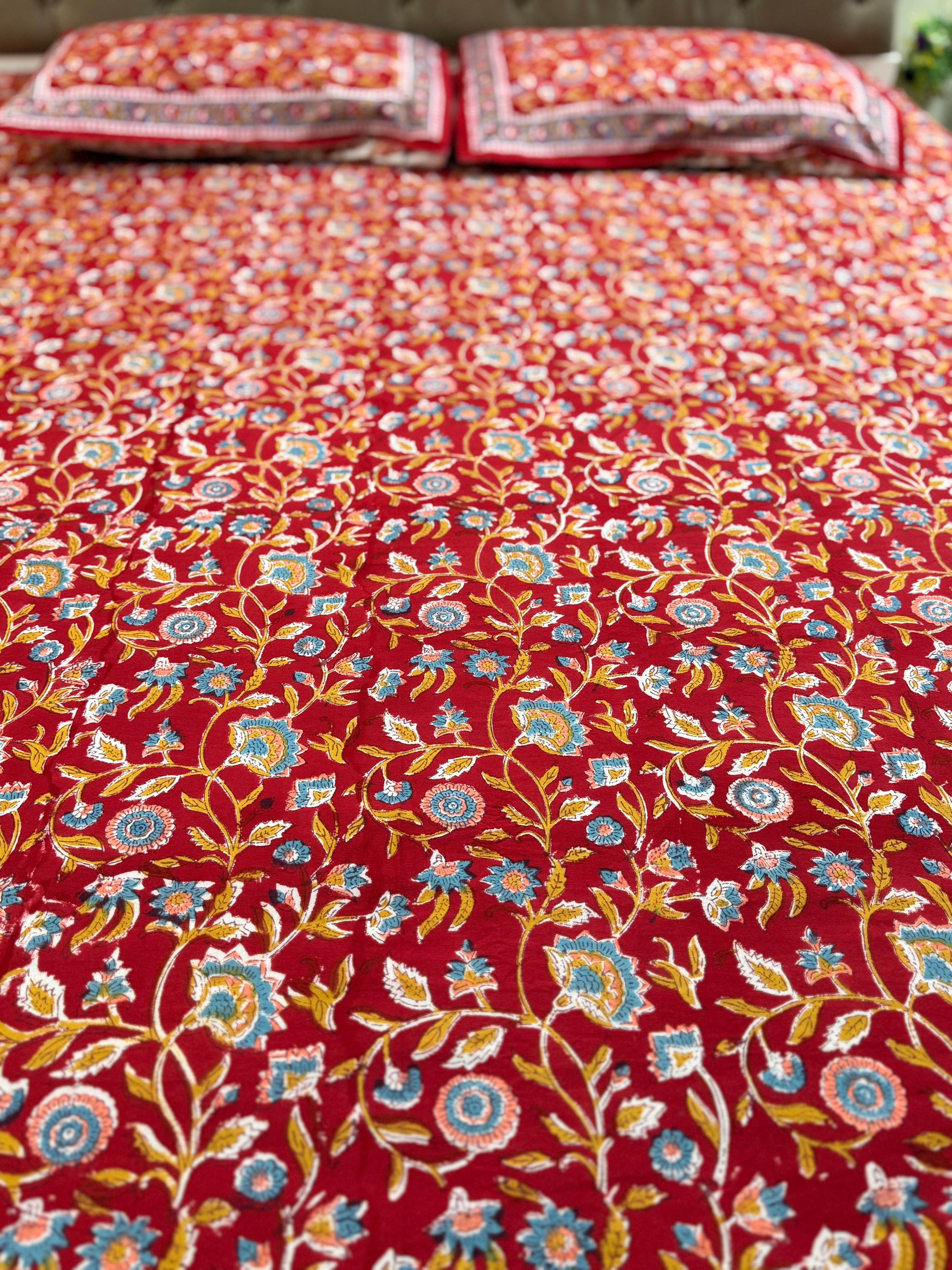 Hand block print on premium south cotton fabric (All over phool booti print -Red)
