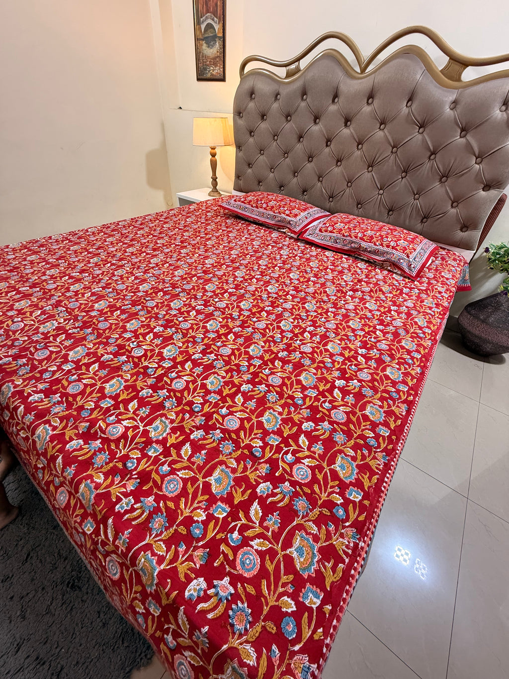 Hand block print on premium south cotton fabric (All over phool booti print -Red)
