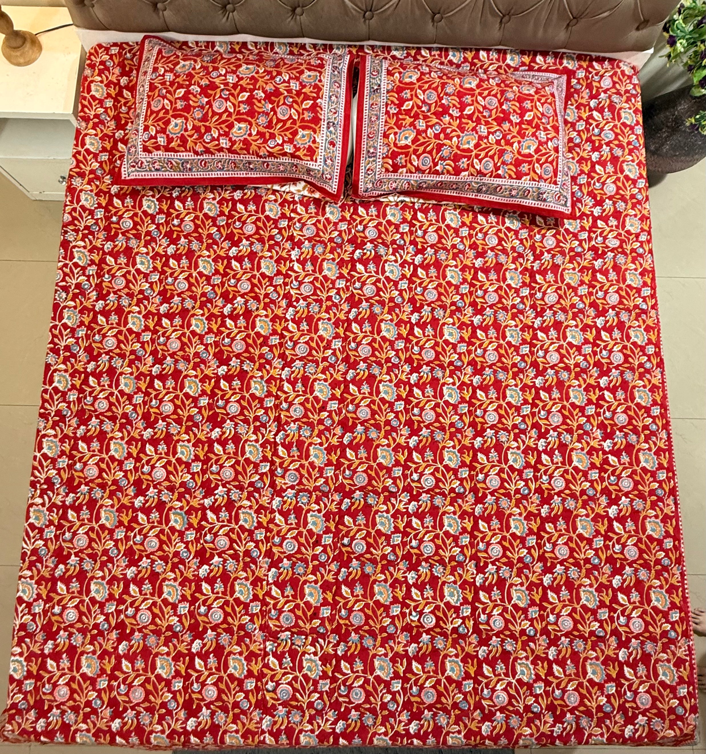 Hand block print on premium south cotton fabric (All over phool booti print -Red)
