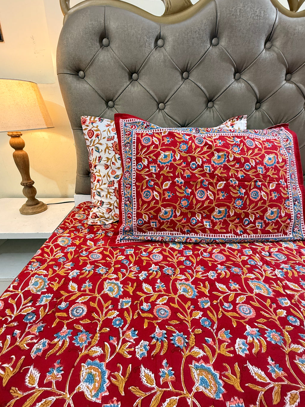 Hand block print on premium south cotton fabric (All over phool booti print -Red)