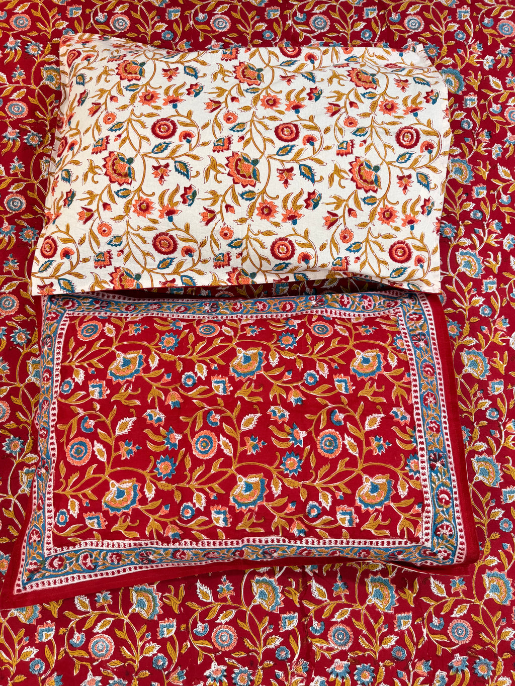 Hand block print on premium south cotton fabric (All over phool booti print -Red)