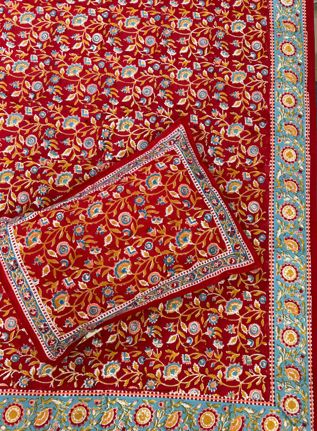 Hand block print on premium south cotton fabric (All over phool booti print -Red)