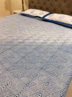 Hand block print on premium south cotton fabric bedsheet (All over geometrical Indigo print)