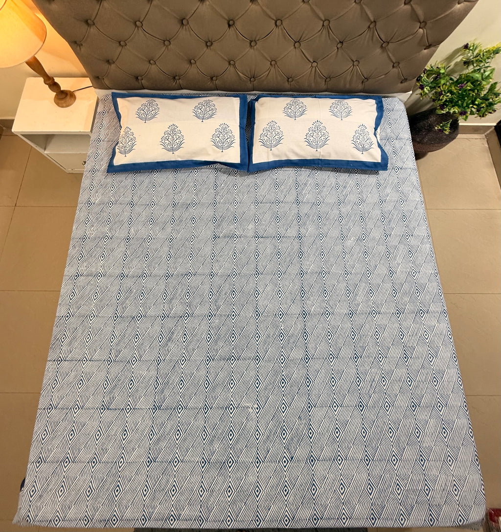 Hand block print on premium south cotton fabric bedsheet (All over geometrical Indigo print)