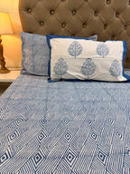 Hand block print on premium south cotton fabric bedsheet (All over geometrical Indigo print)