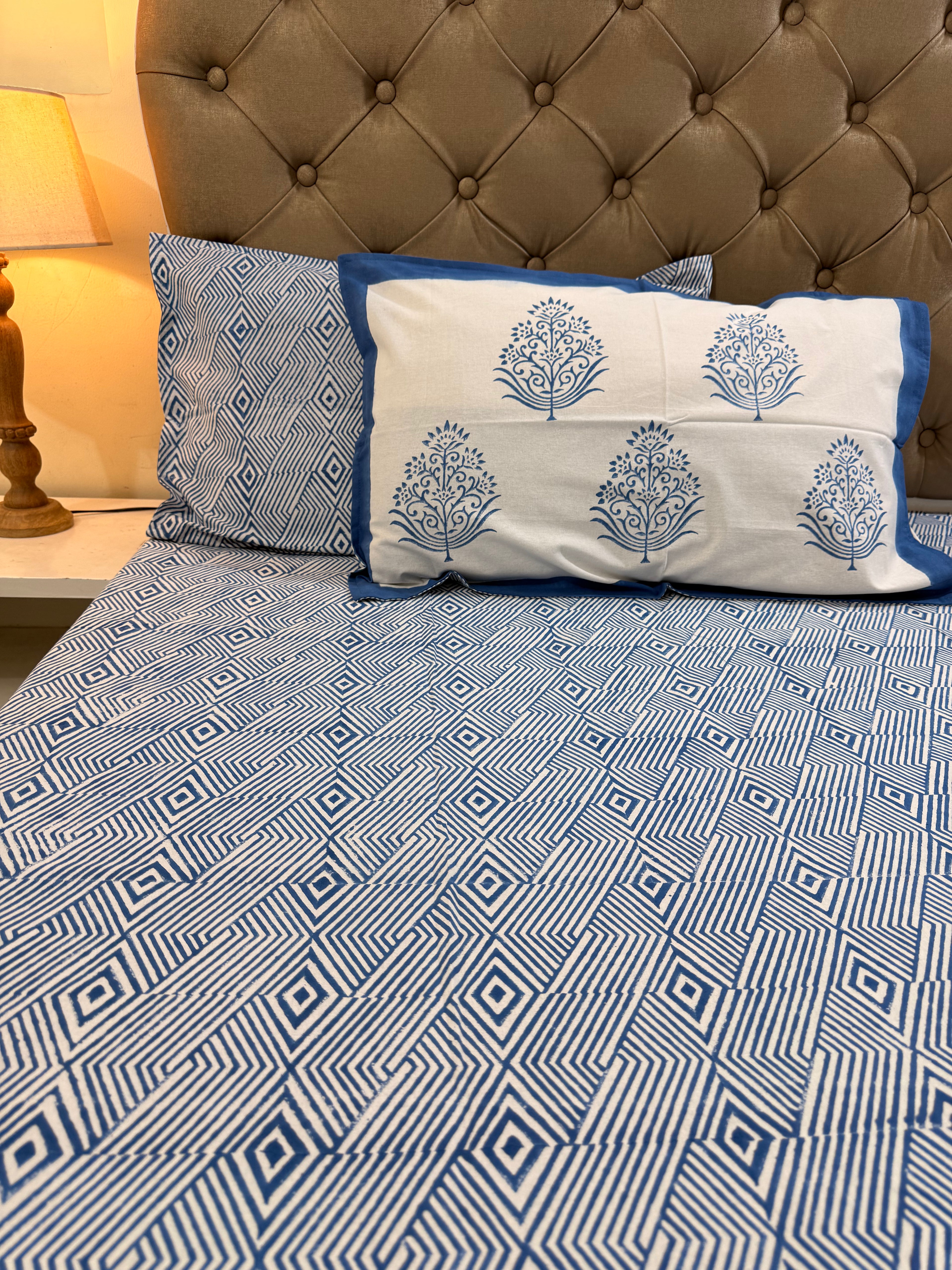 Hand block print on premium south cotton fabric bedsheet (All over geometrical Indigo print)