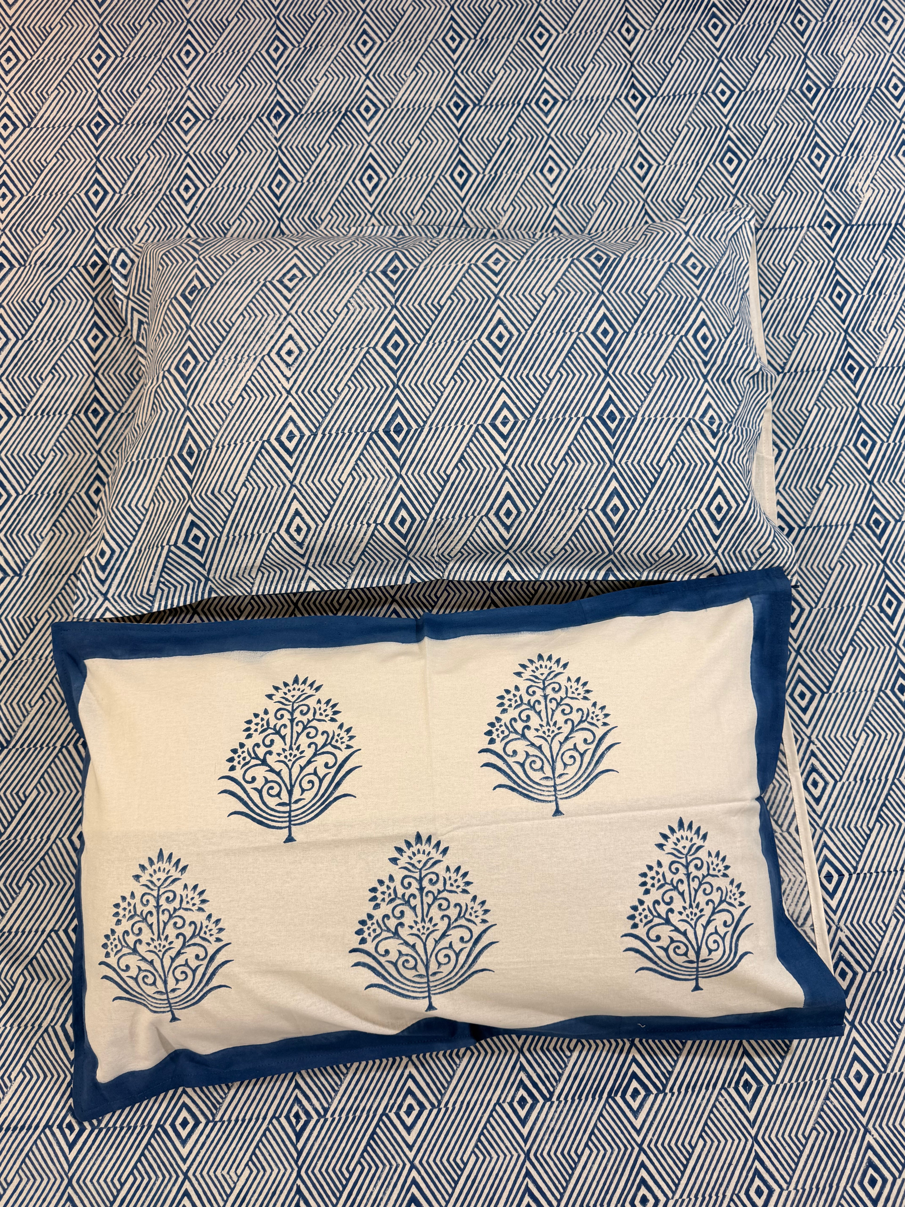 Hand block print on premium south cotton fabric bedsheet (All over geometrical Indigo print)