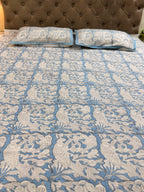 Hand block print on premium south cotton fabric bedsheet ( Eagle print in chalk blue shade)