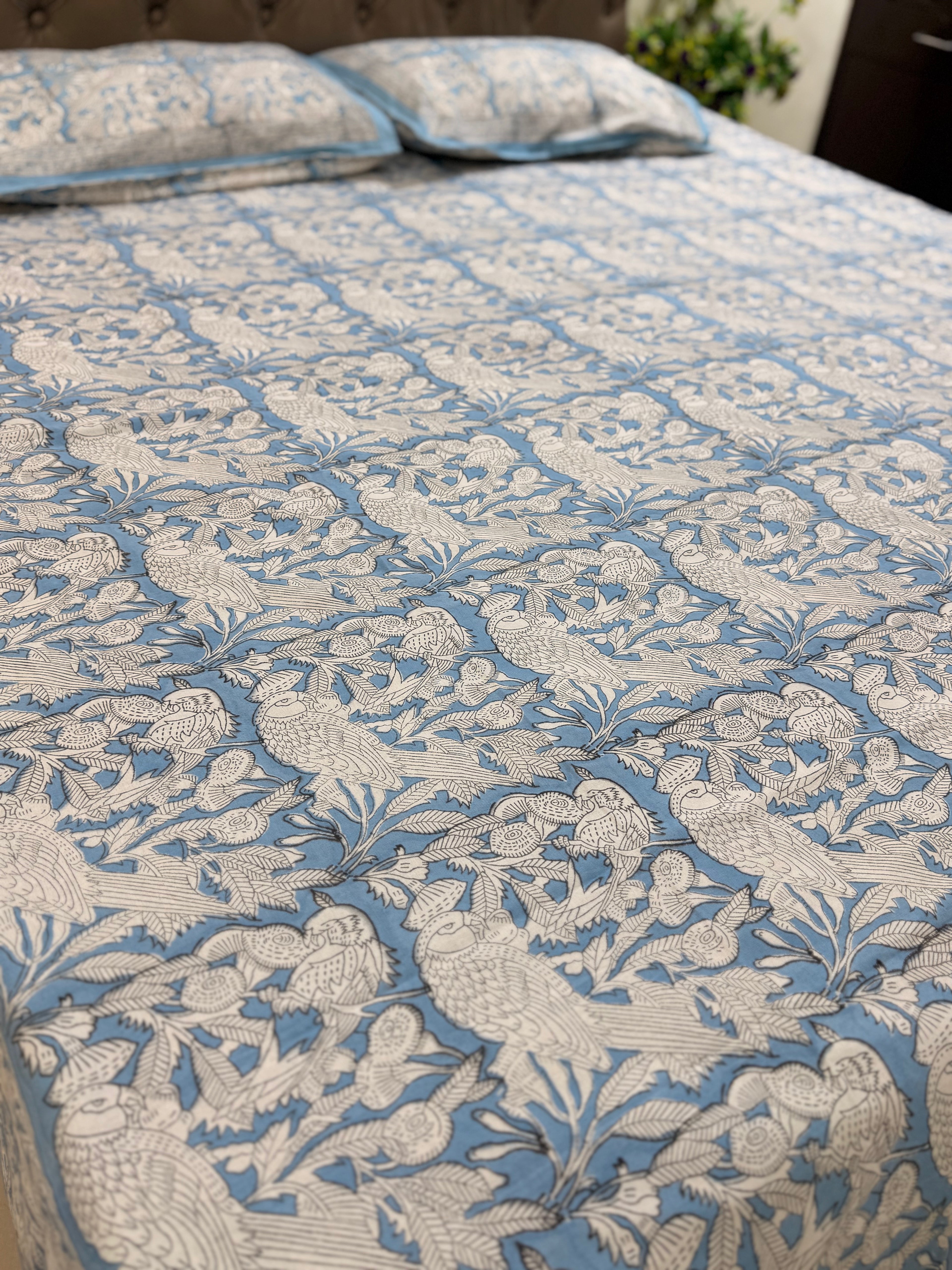 Hand block print on premium south cotton fabric bedsheet ( Eagle print in chalk blue shade)