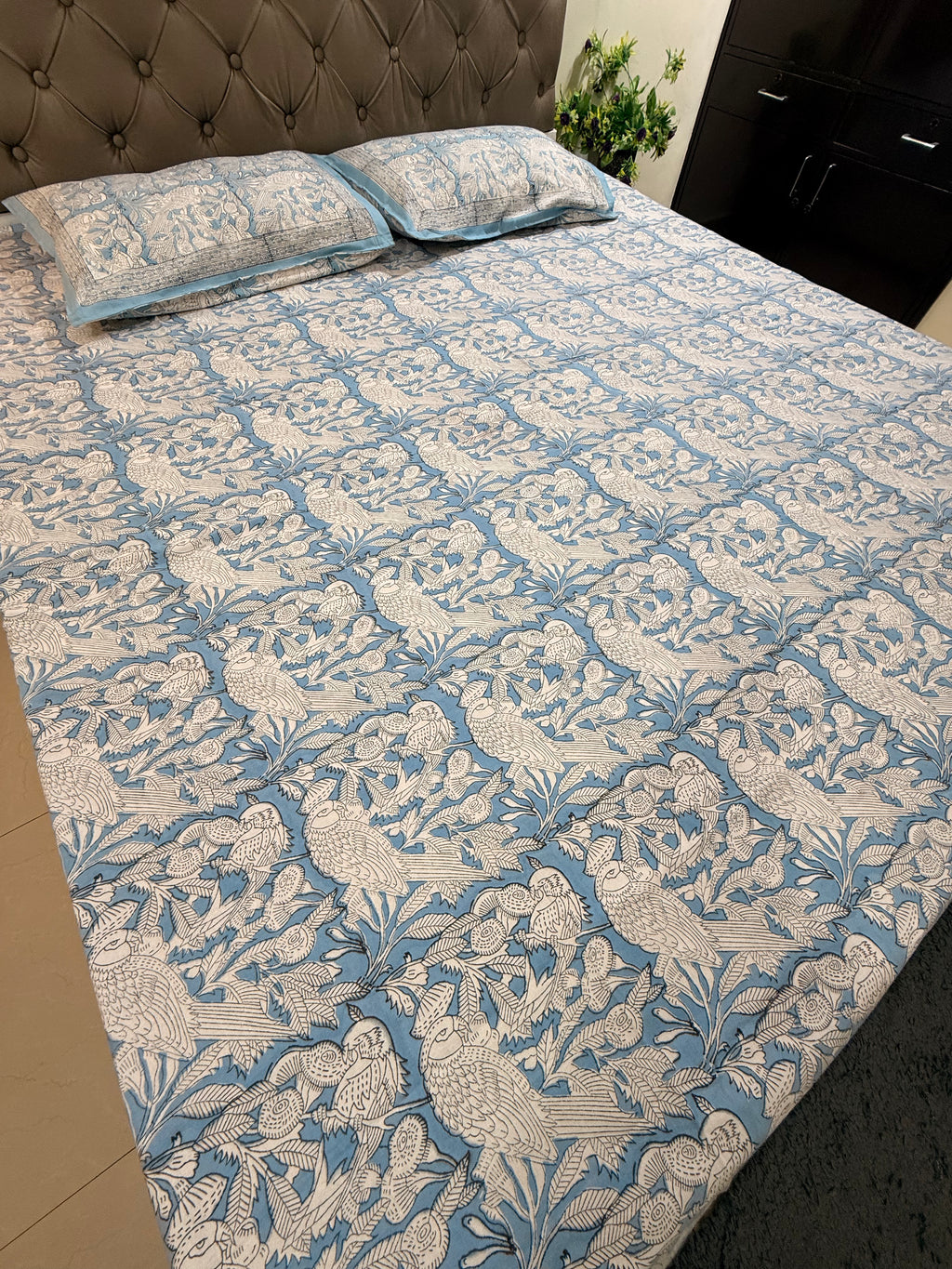 Hand block print on premium south cotton fabric bedsheet ( Eagle print in chalk blue shade)