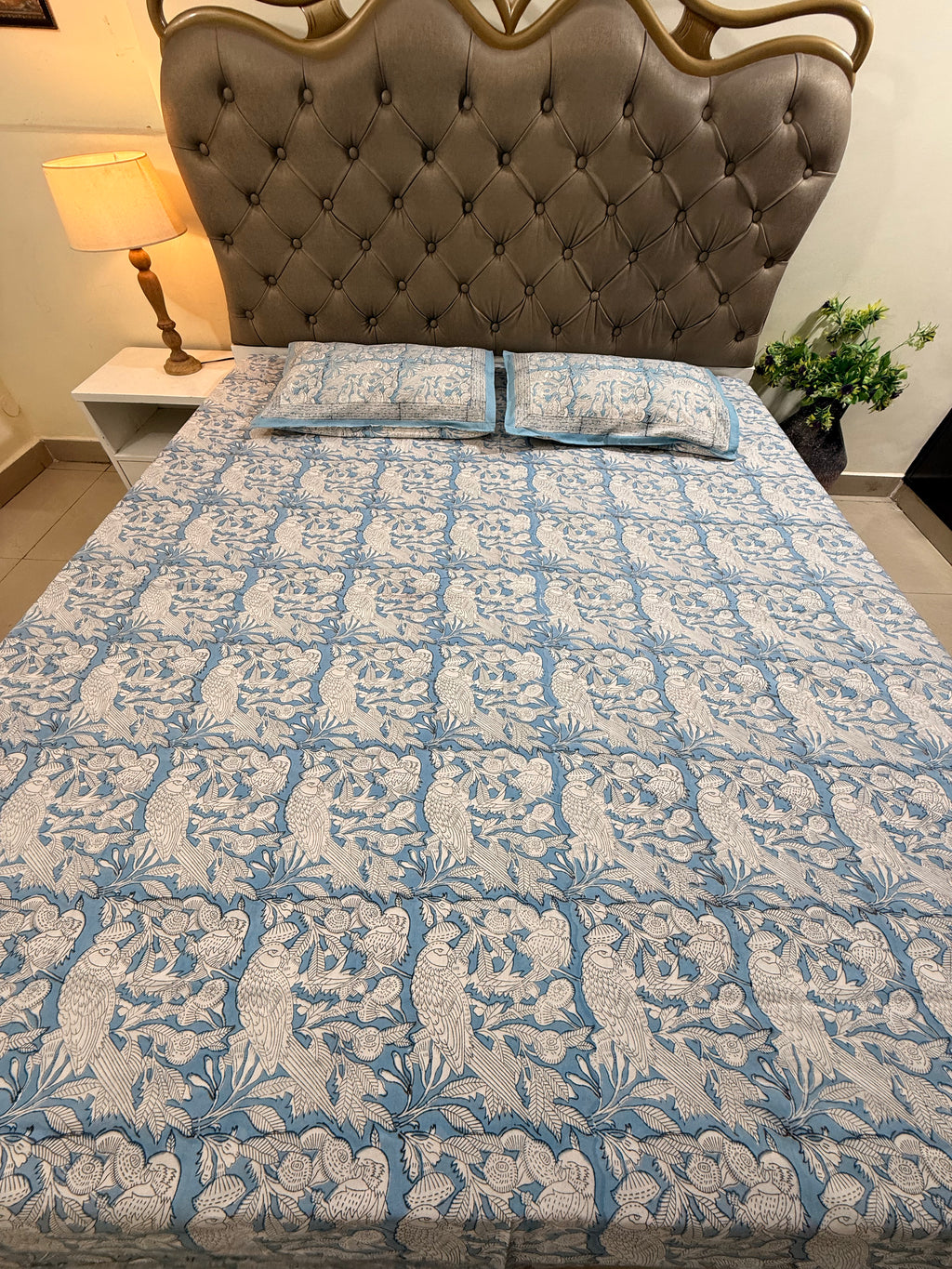 Hand block print on premium south cotton fabric bedsheet ( Eagle print in chalk blue shade)