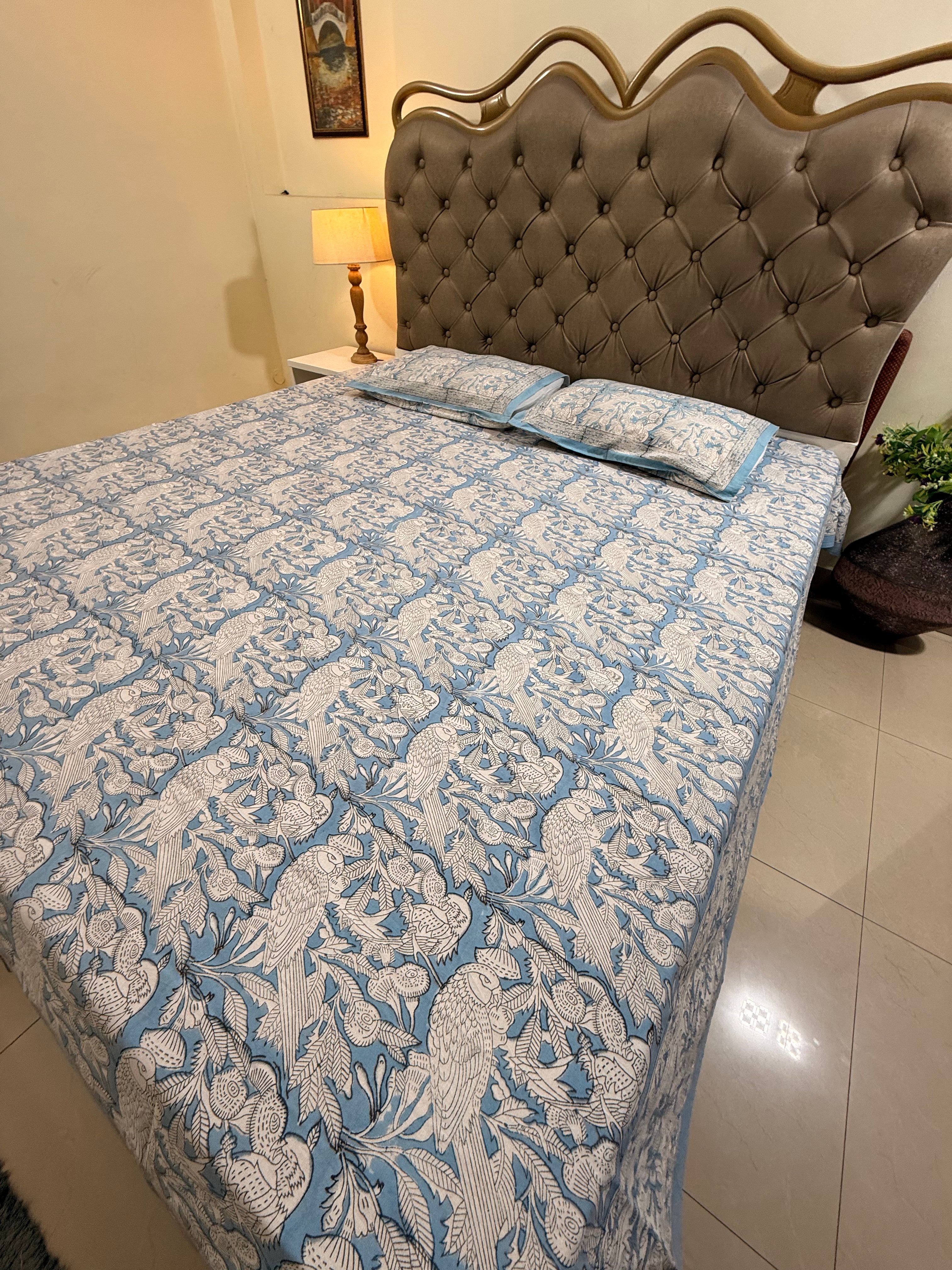 Hand block print on premium south cotton fabric bedsheet ( Eagle print in chalk blue shade)