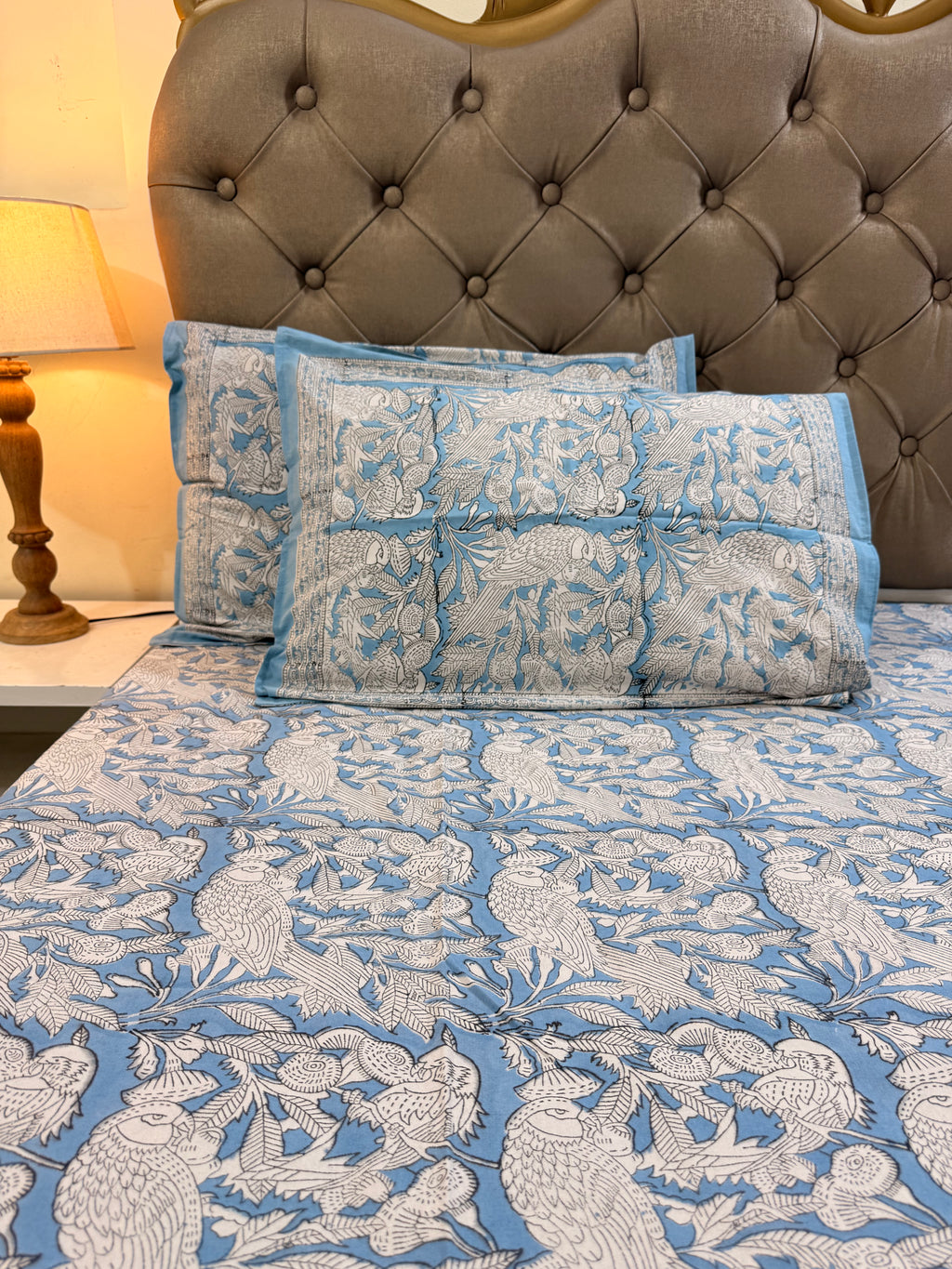 Hand block print on premium south cotton fabric bedsheet ( Eagle print in chalk blue shade)