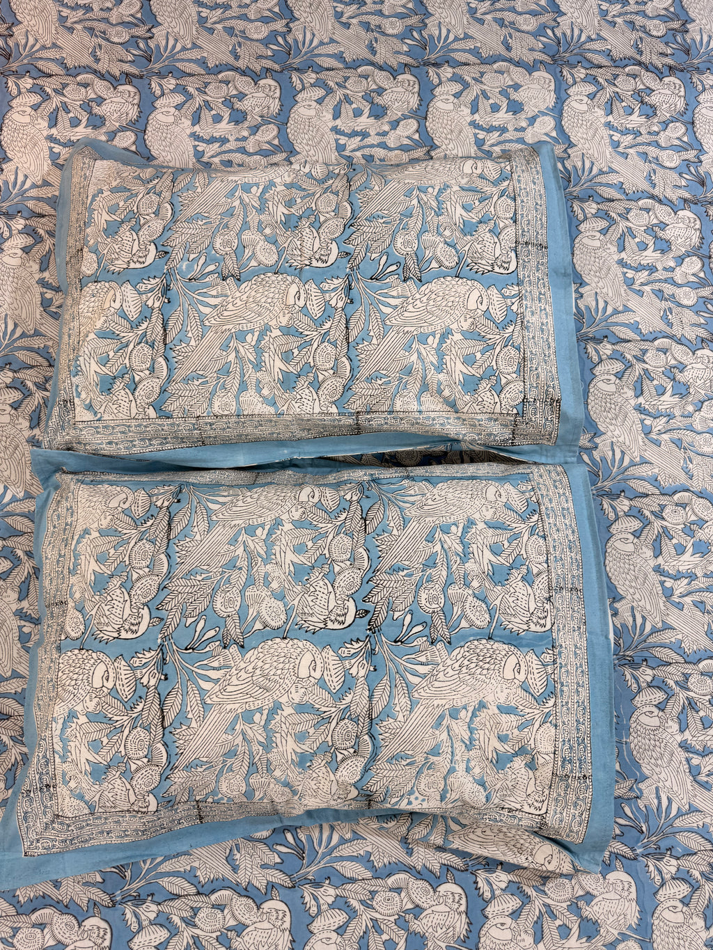 Hand block print on premium south cotton fabric bedsheet ( Eagle print in chalk blue shade)