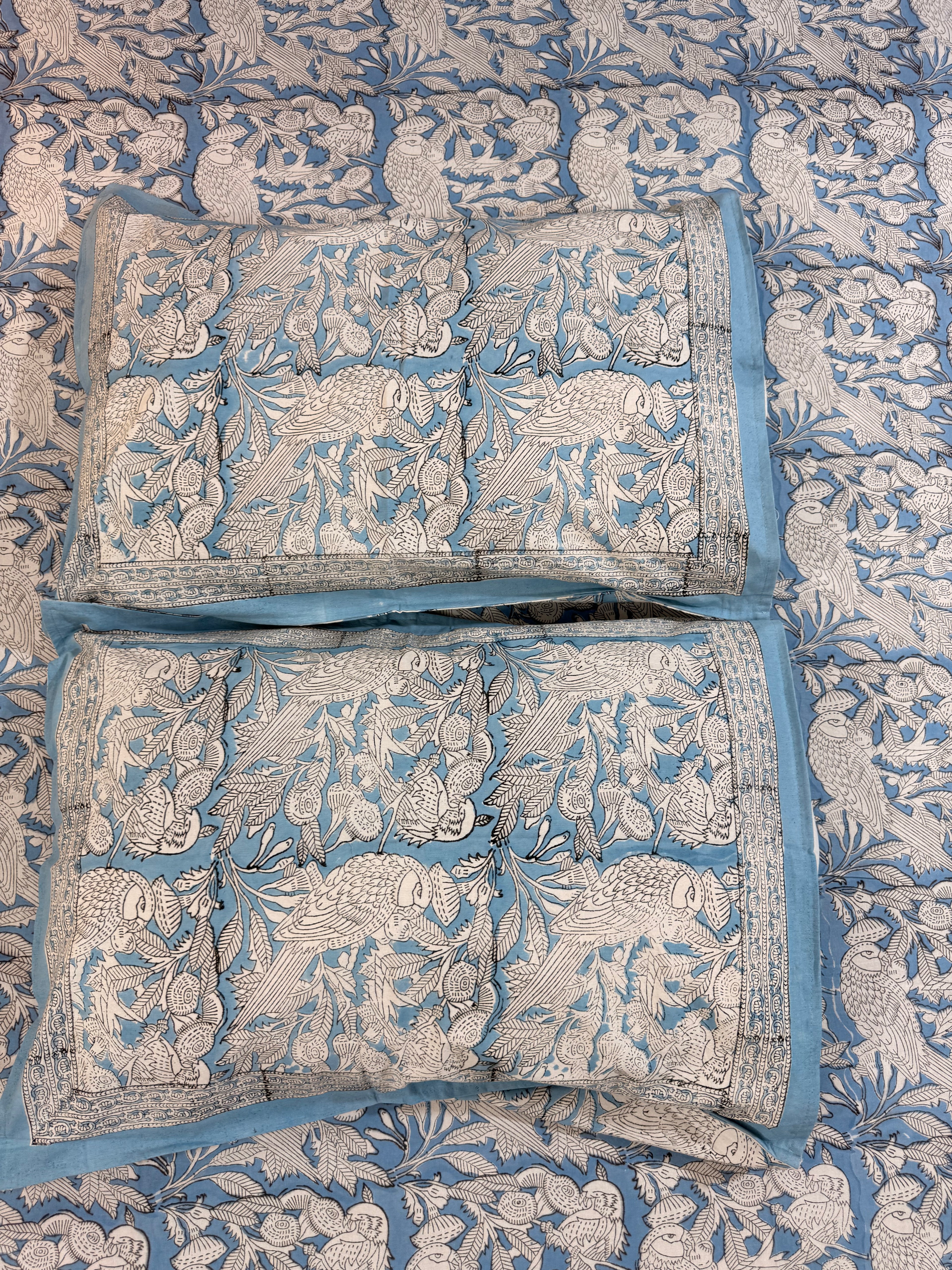 Hand block print on premium south cotton fabric bedsheet ( Eagle print in chalk blue shade)