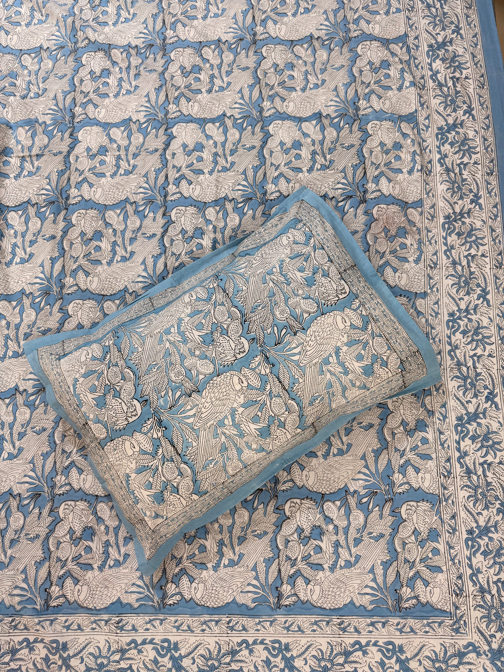 Hand block print on premium south cotton fabric bedsheet ( Eagle print in chalk blue shade)