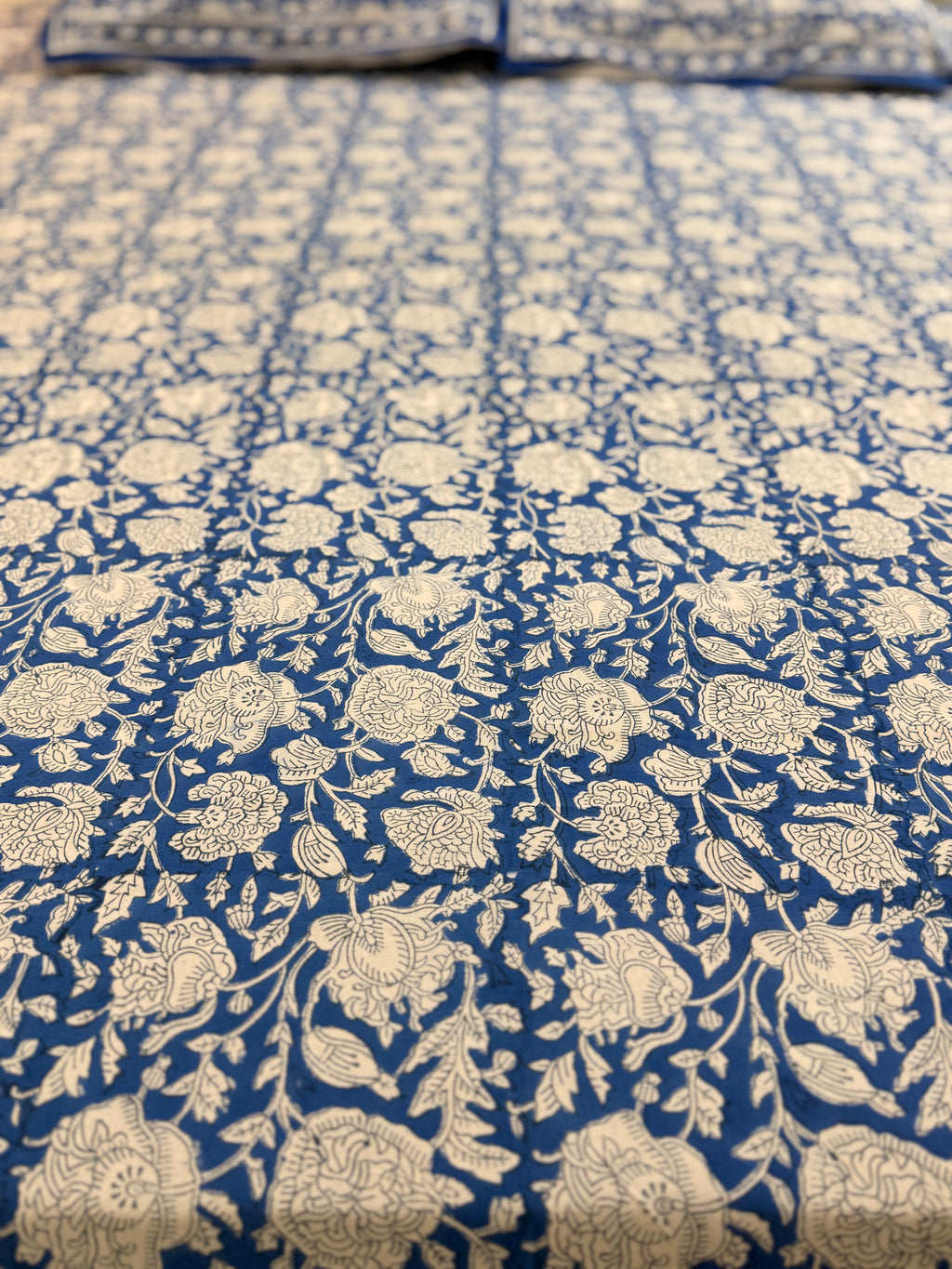 Hand block print on premium south cotton fabric bedsheet (All over Indigo blue floral print)