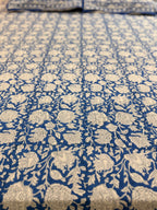Hand block print on premium south cotton fabric bedsheet (All over Indigo blue floral print)