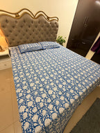 Hand block print on premium south cotton fabric bedsheet (All over Indigo blue floral print)