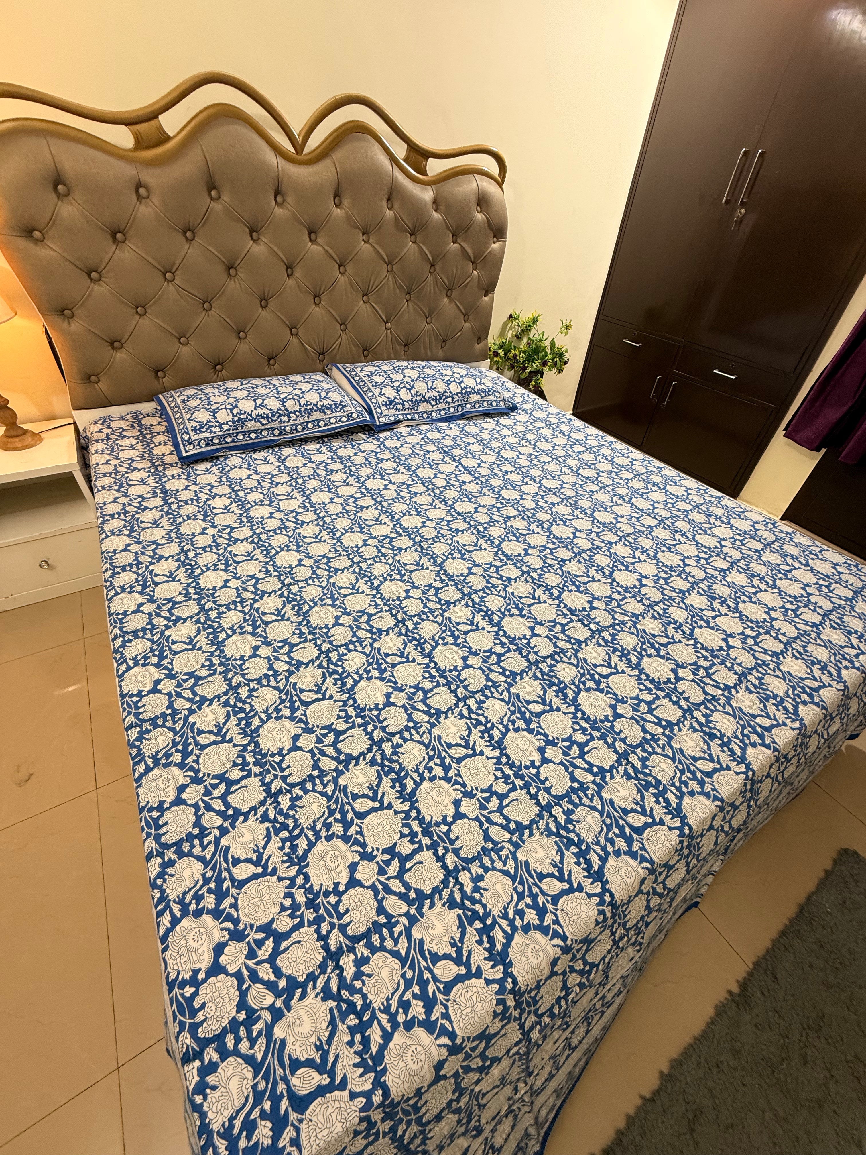 Hand block print on premium south cotton fabric bedsheet (All over Indigo blue floral print)