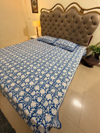 Hand block print on premium south cotton fabric bedsheet (All over Indigo blue floral print)