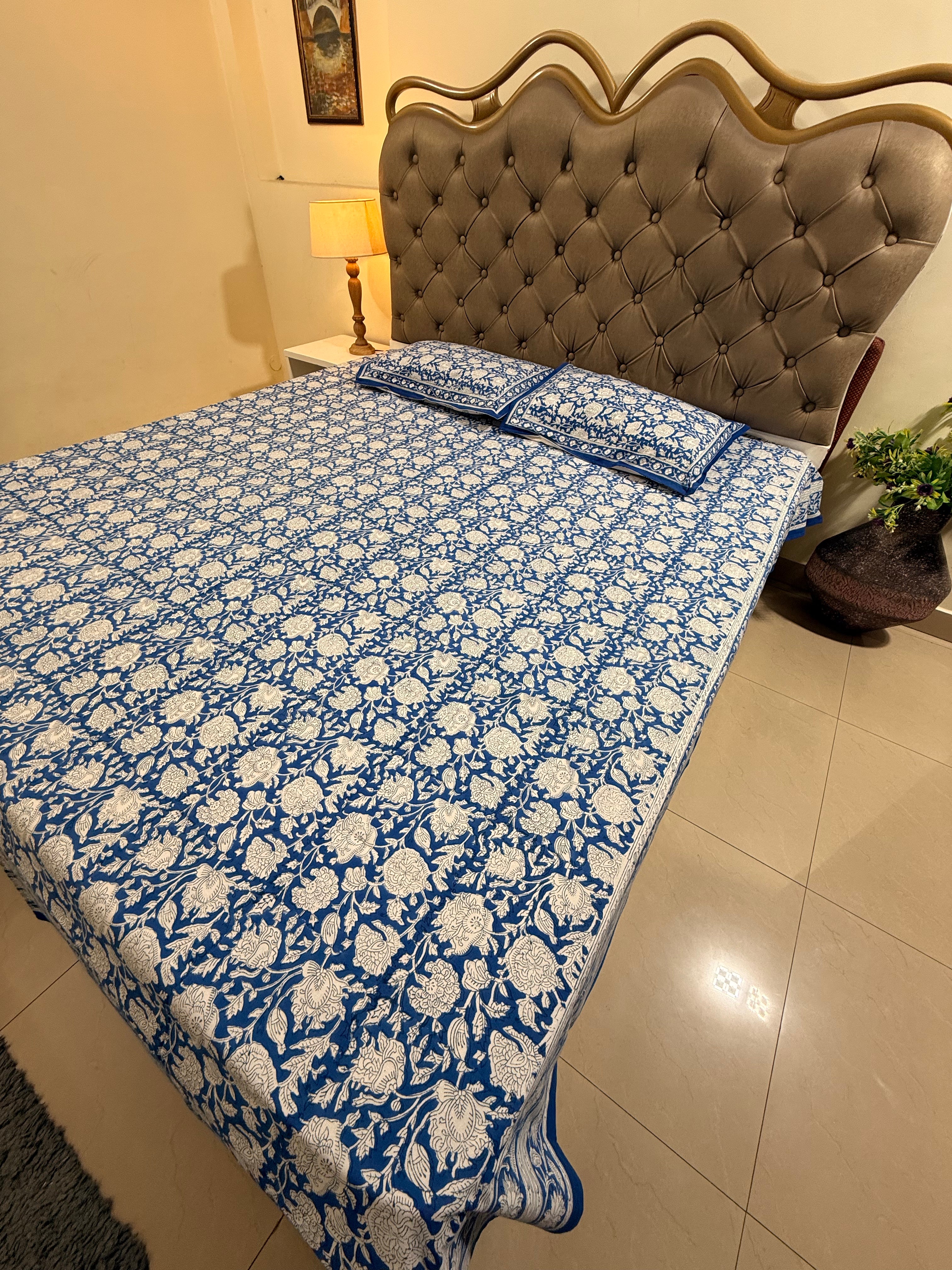 Hand block print on premium south cotton fabric bedsheet (All over Indigo blue floral print)