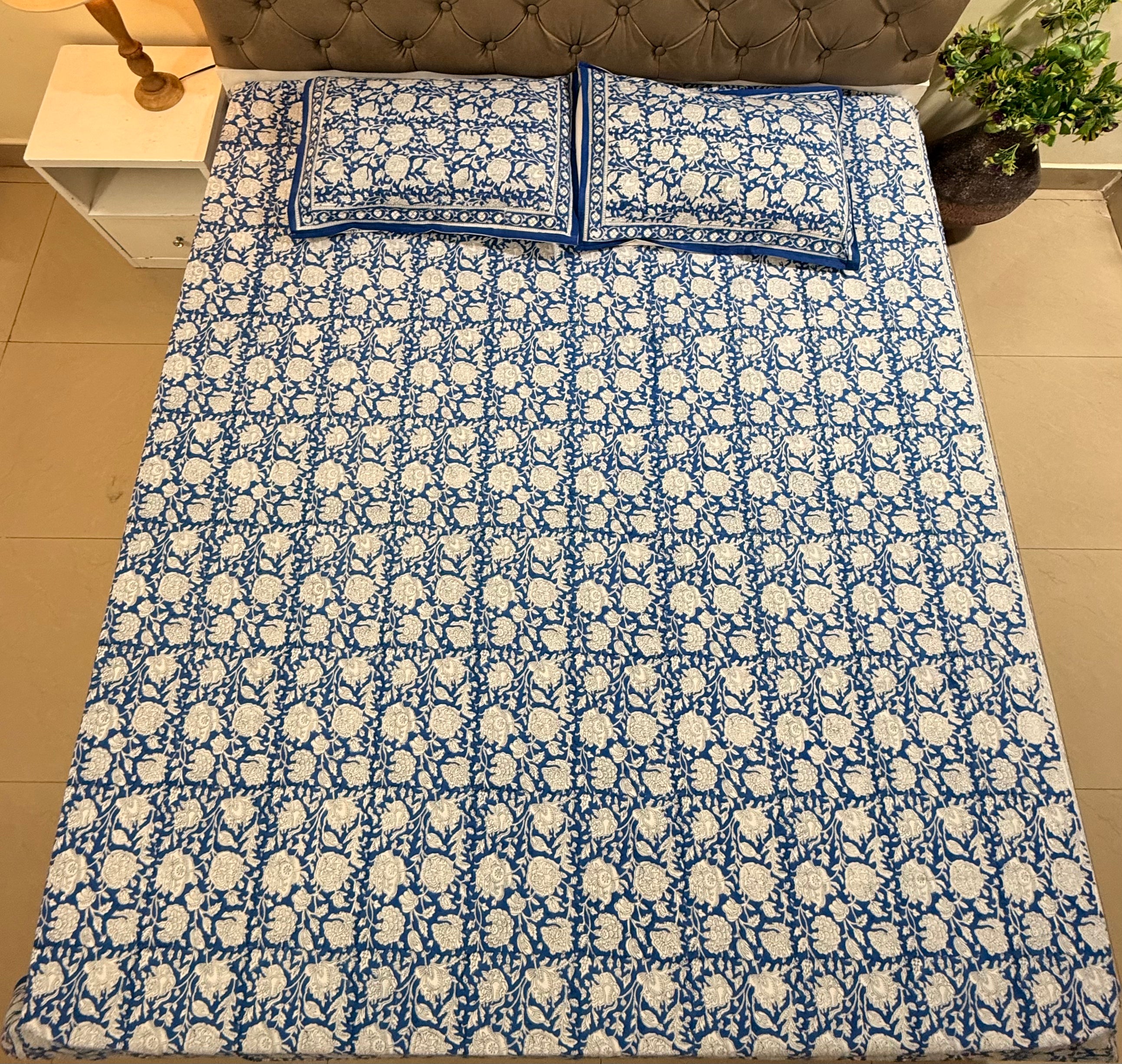 Hand block print on premium south cotton fabric bedsheet (All over Indigo blue floral print)