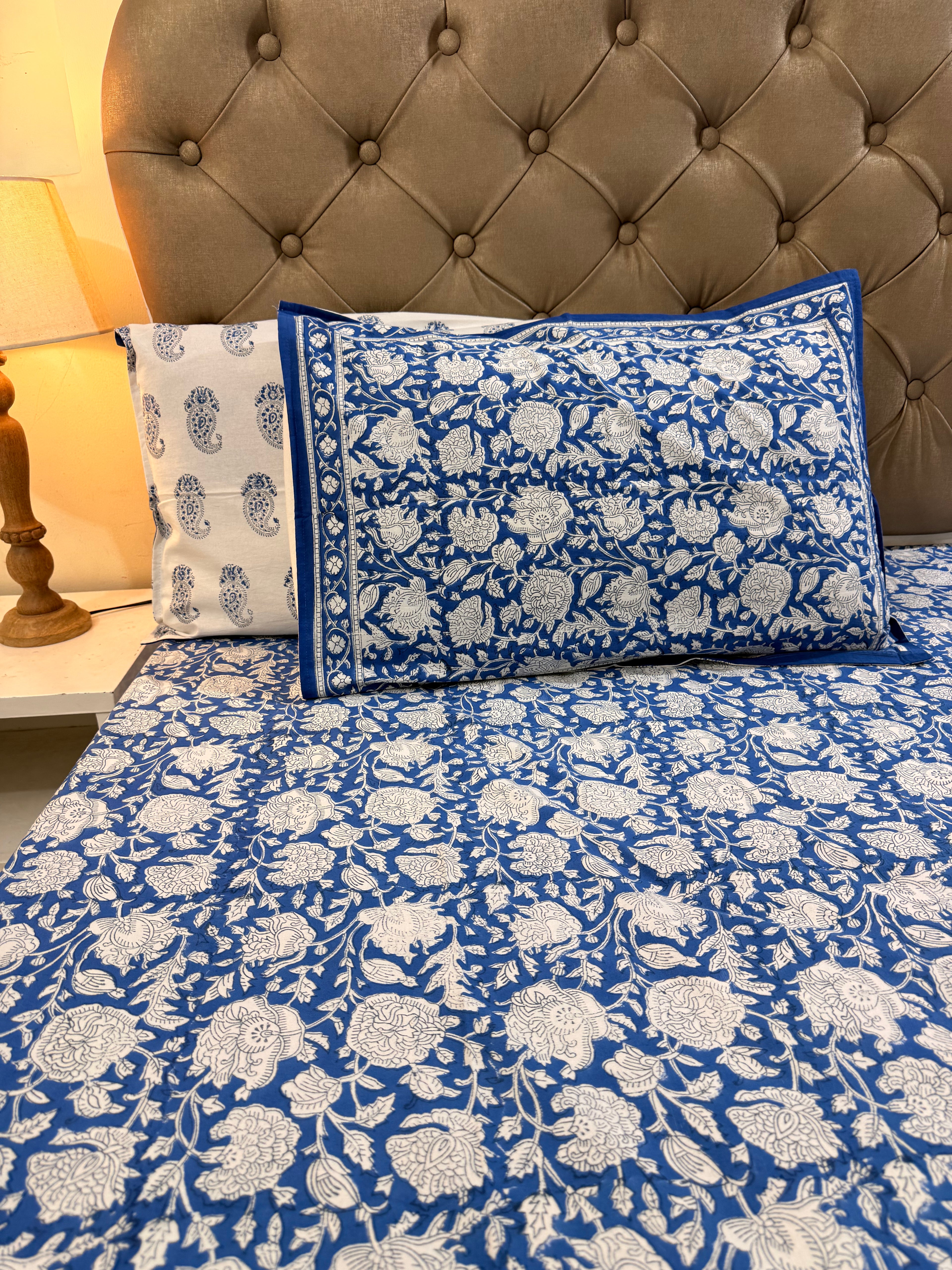 Hand block print on premium south cotton fabric bedsheet (All over Indigo blue floral print)