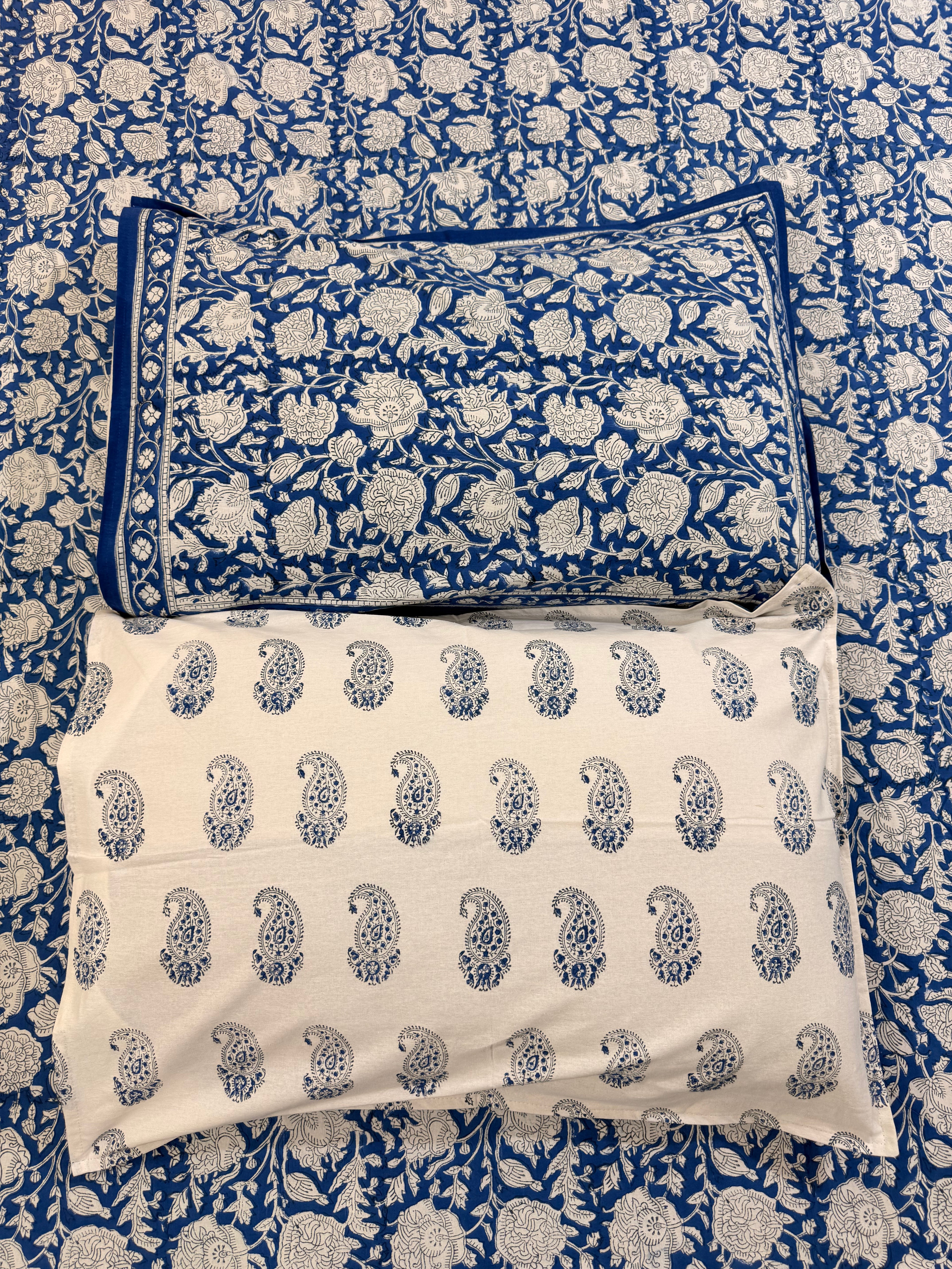 Hand block print on premium south cotton fabric bedsheet (All over Indigo blue floral print)