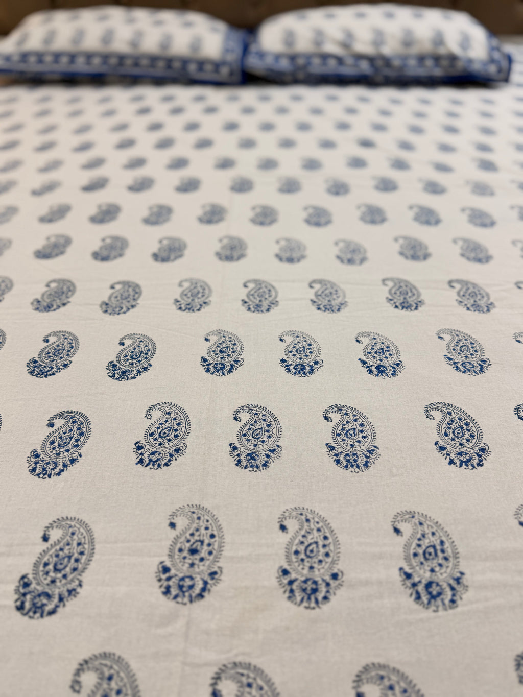 Hand block print on premium south cotton fabric bedsheet (All over Indigo blue Ambi print)