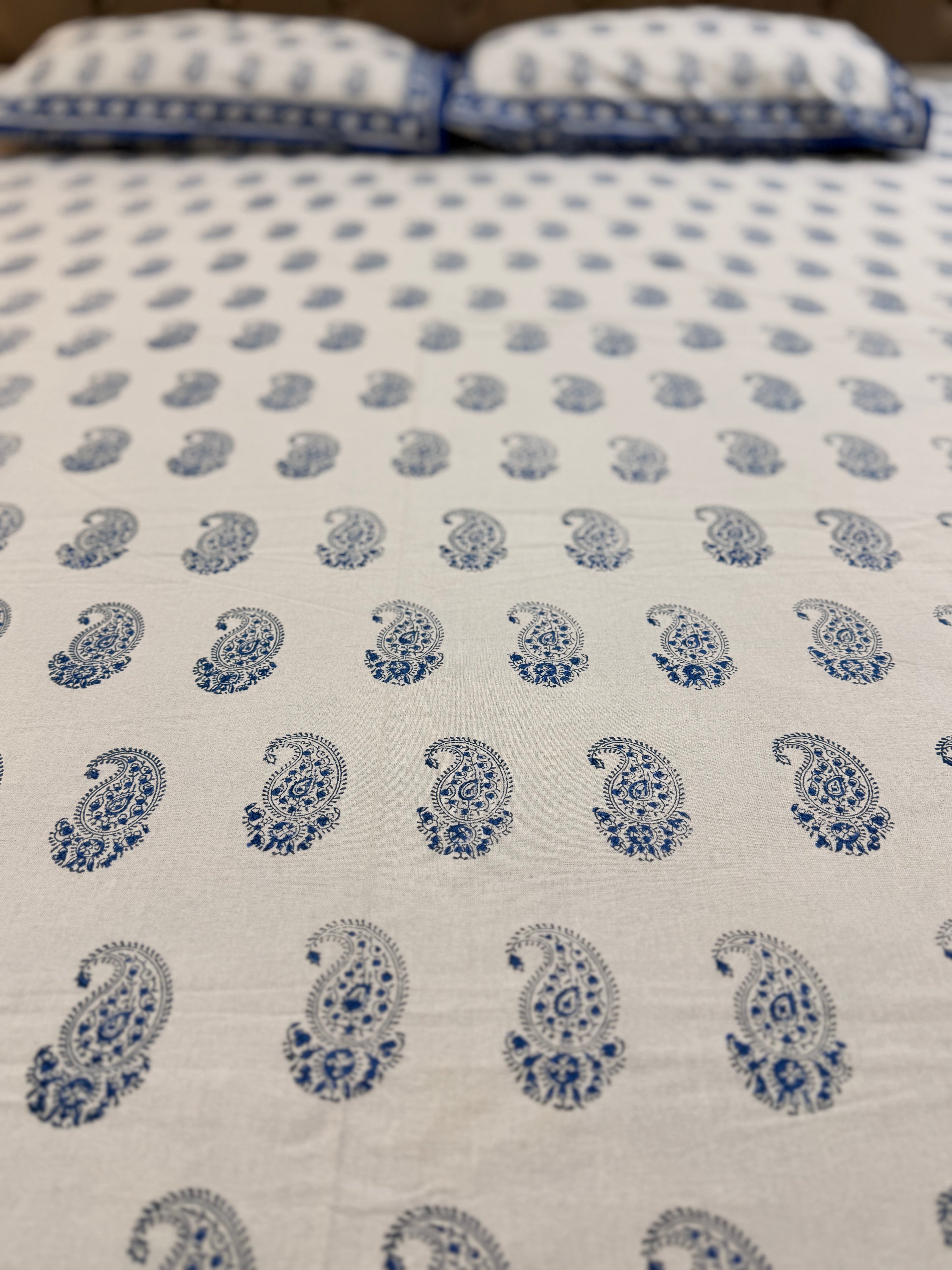 Hand block print on premium south cotton fabric bedsheet (All over Indigo blue Ambi print)