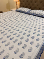 Hand block print on premium south cotton fabric bedsheet (All over Indigo blue Ambi print)