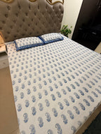 Hand block print on premium south cotton fabric bedsheet (All over Indigo blue Ambi print)
