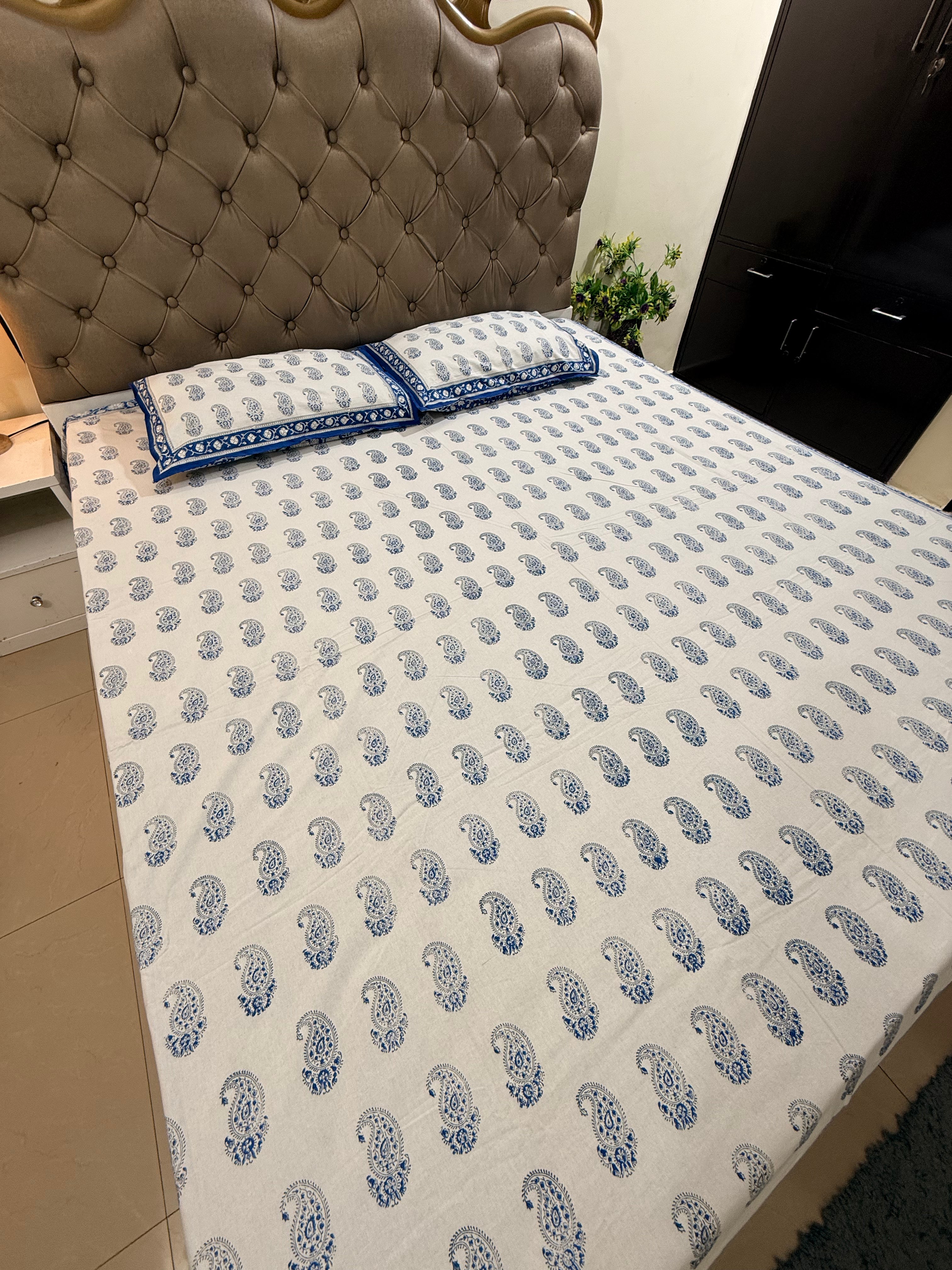 Hand block print on premium south cotton fabric bedsheet (All over Indigo blue Ambi print)