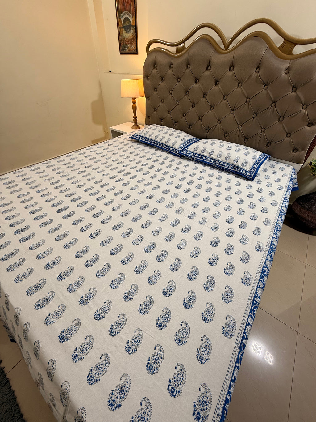 Hand block print on premium south cotton fabric bedsheet (All over Indigo blue Ambi print)