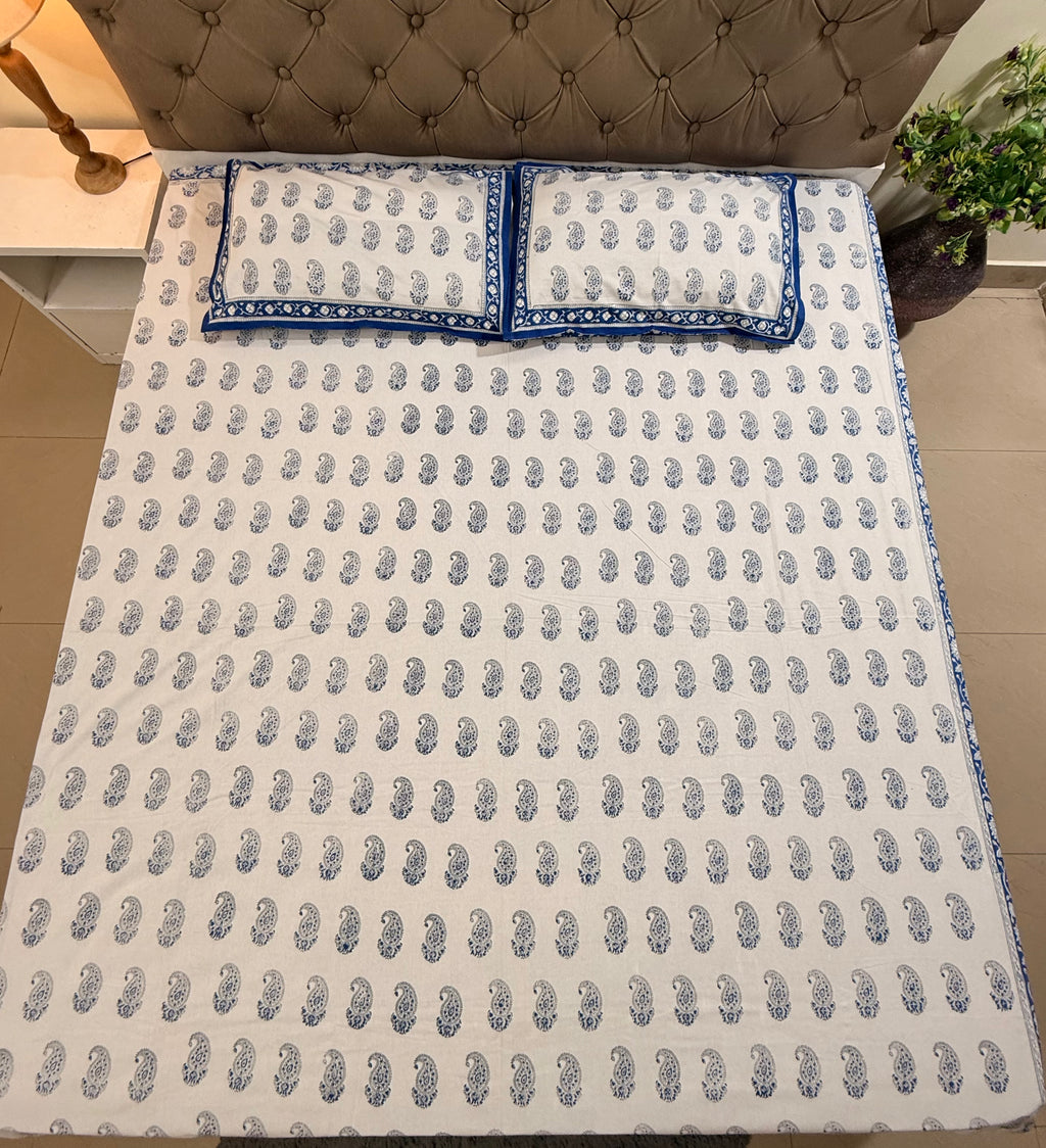 Hand block print on premium south cotton fabric bedsheet (All over Indigo blue Ambi print)