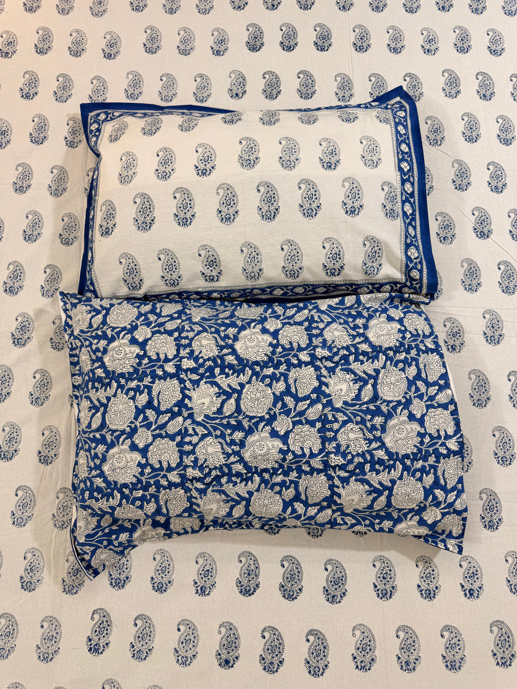 Hand block print on premium south cotton fabric bedsheet (All over Indigo blue Ambi print)