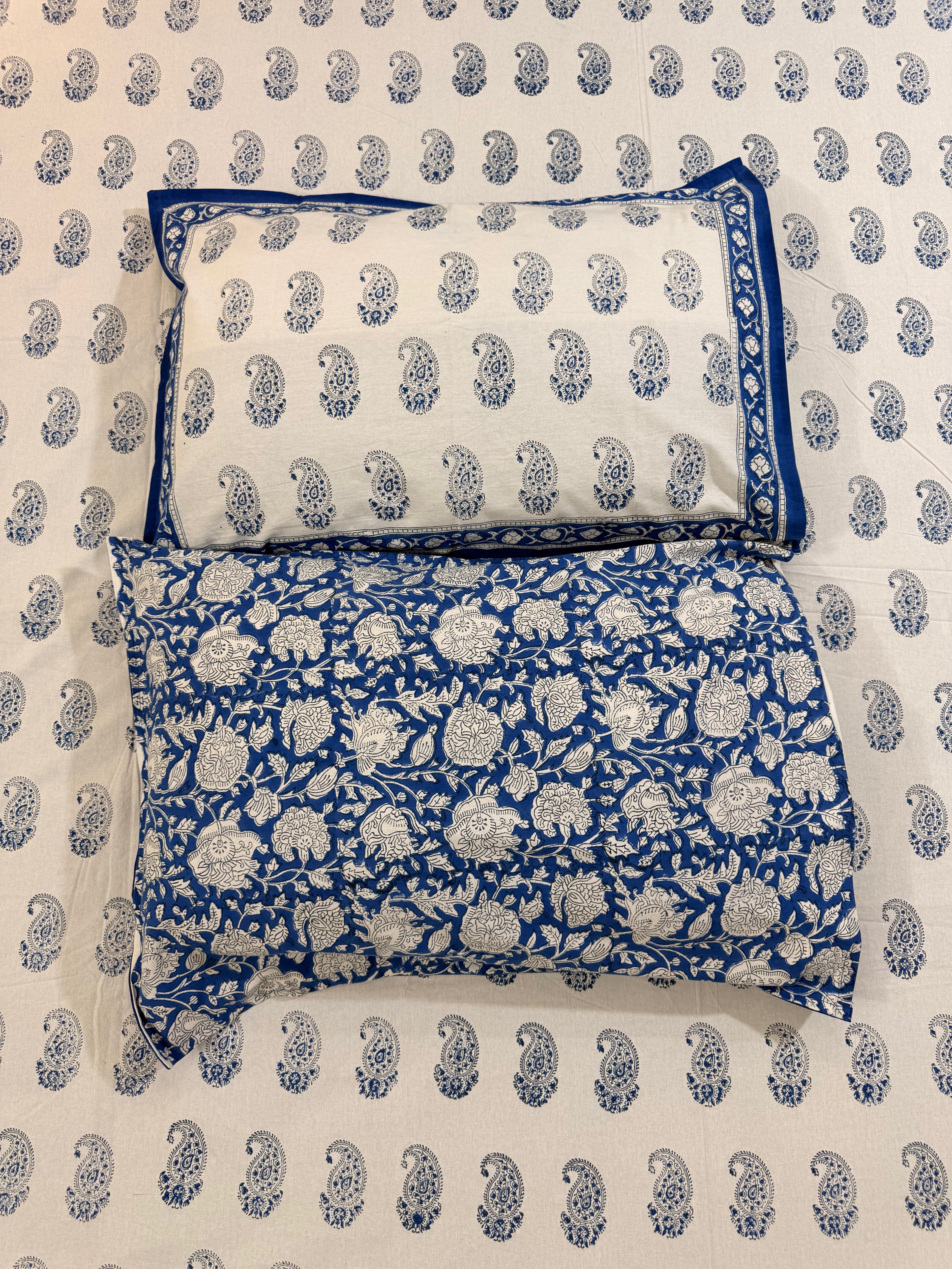 Hand block print on premium south cotton fabric bedsheet (All over Indigo blue Ambi print)