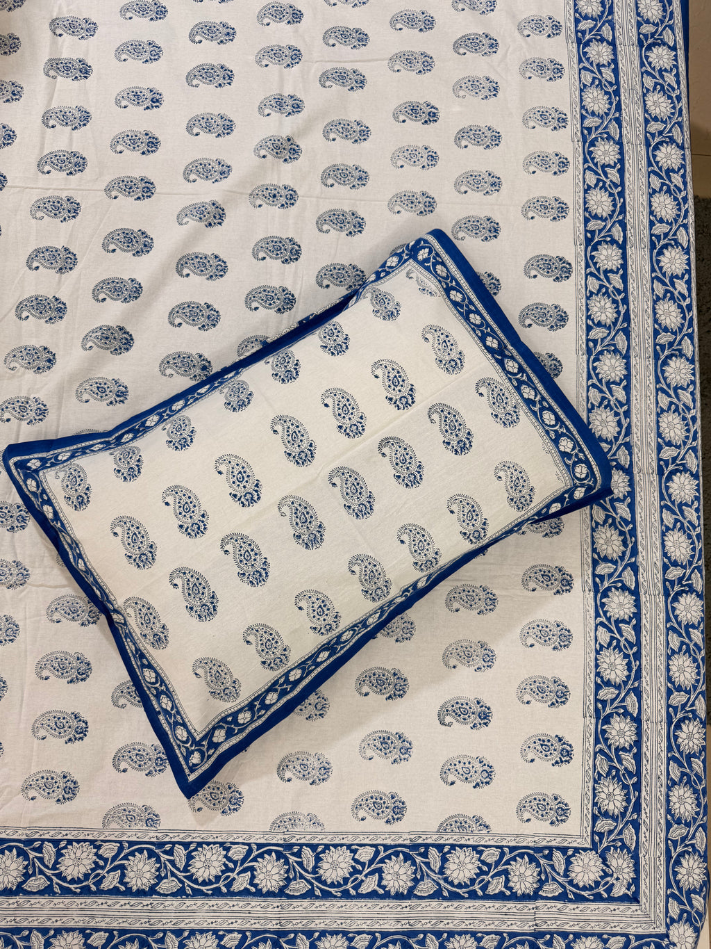 Hand block print on premium south cotton fabric bedsheet (All over Indigo blue Ambi print)