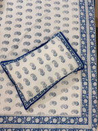 Hand block print on premium south cotton fabric bedsheet (All over Indigo blue Ambi print)